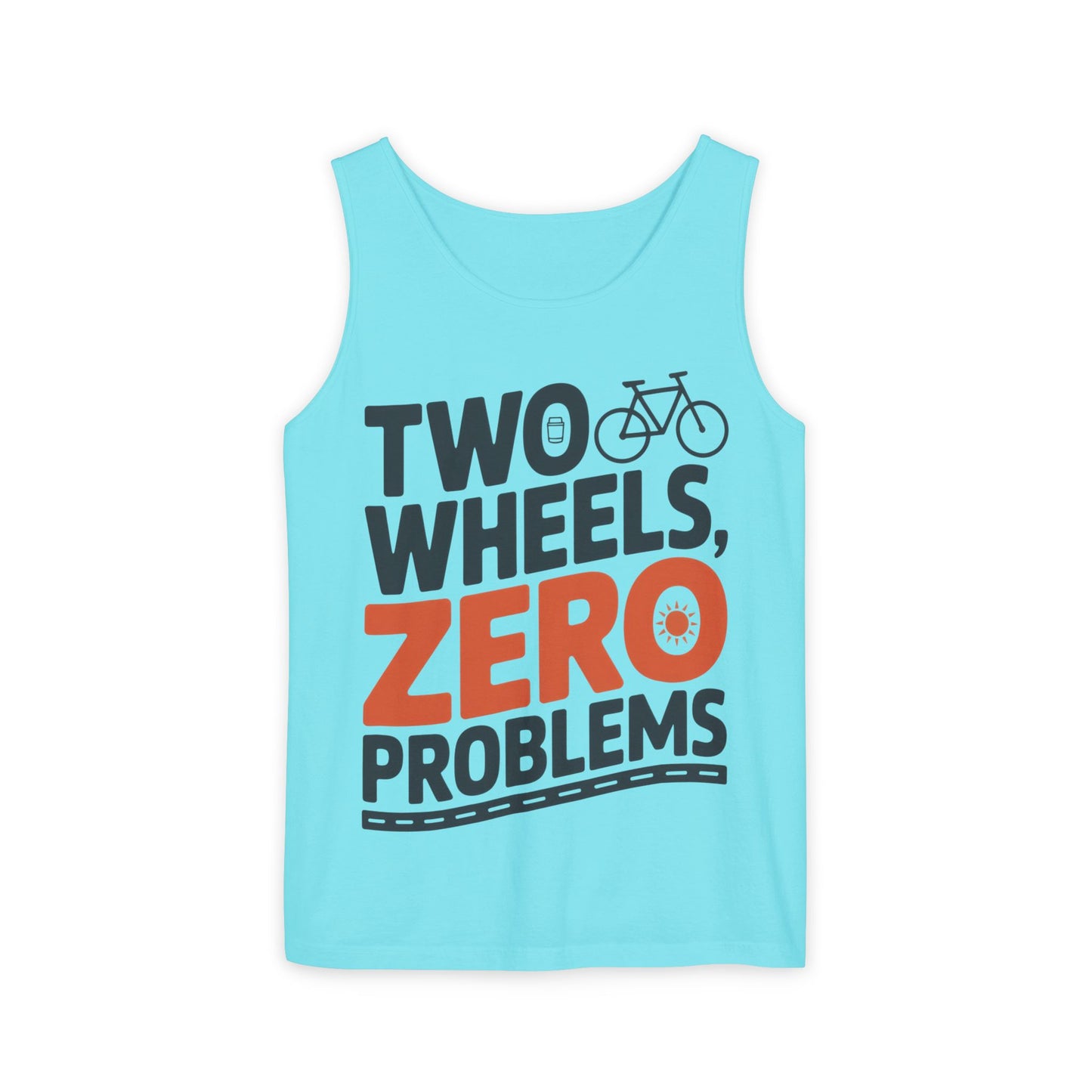 Mens Garment-Dyed Tank Top, Two Wheels Zero Problems Mens Cycling Graphic Tank, Gift for Cyclists