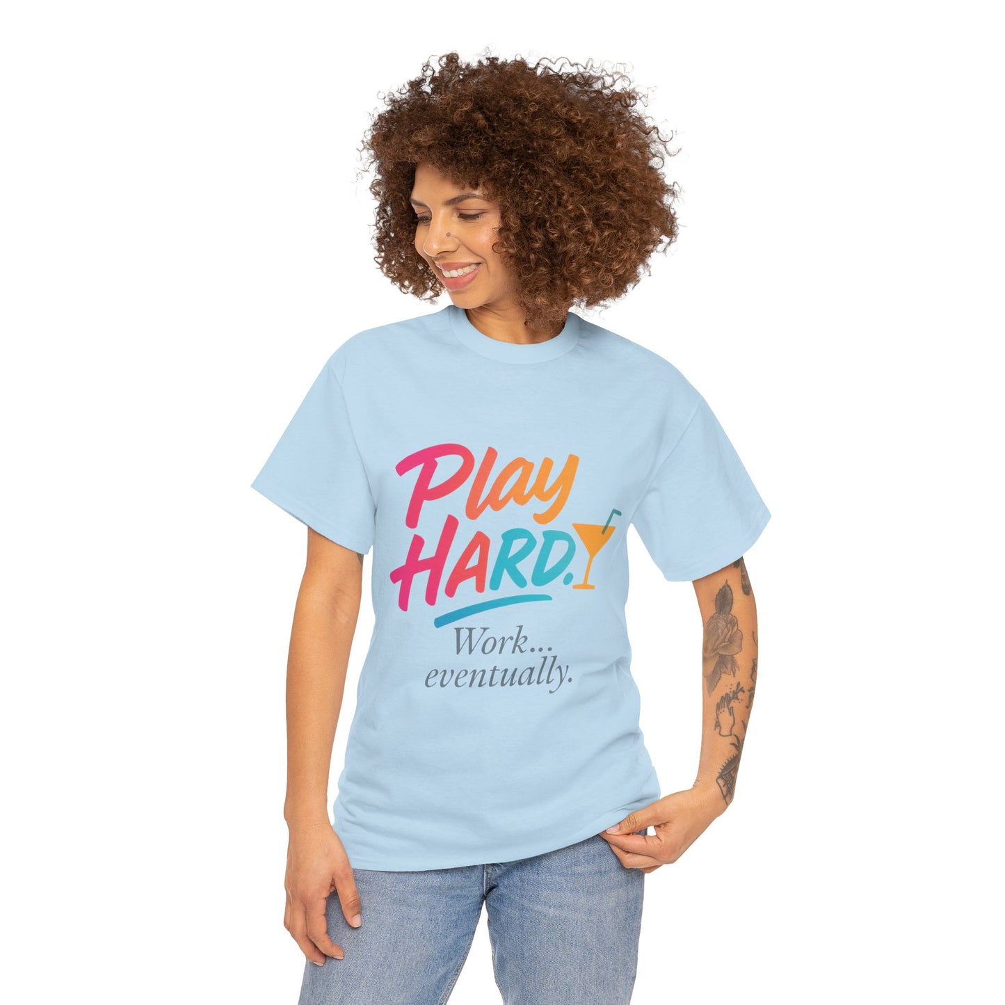 Play Hard Work Eventually T-Shirt, Funny Cocktail Graphic Tee, Pink Womens Party Shirt, Relaxed Vacation Top