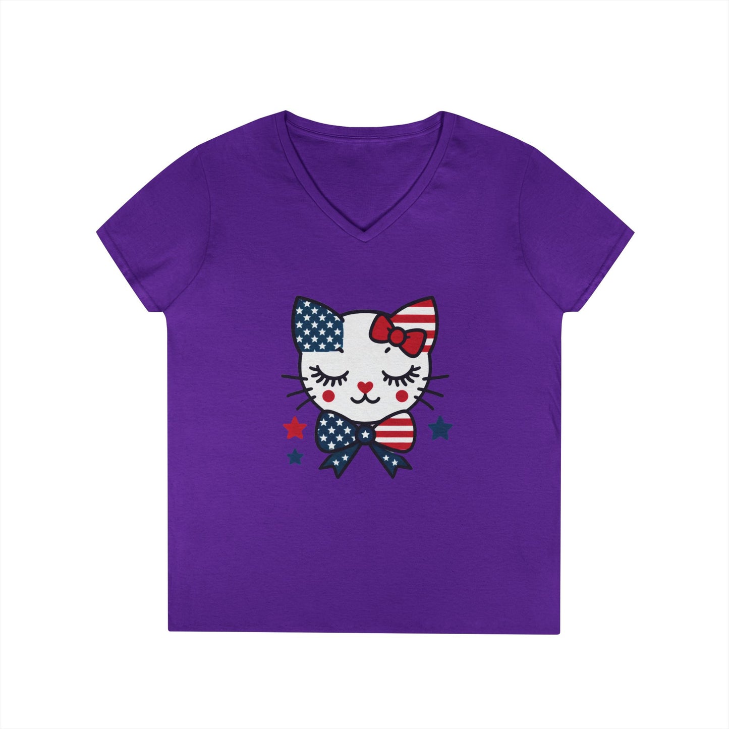 Patriotic Cat Ladies' V-Neck T-Shirt, Cute Tee, July 4th Top, Independence Day Shirt, Gift for Cat Lovers, Casual Summer Wear