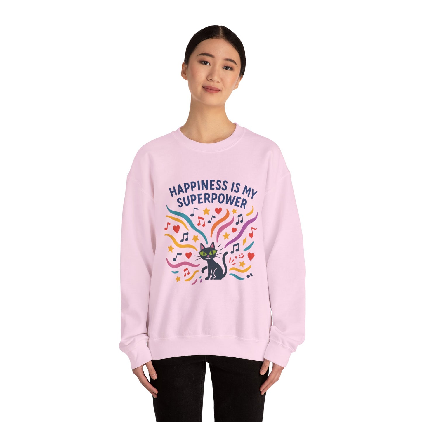 Playful Cat Crewneck Womens Sweatshirt, Happiness is My Superpower, Cozy Sweatshirt, Gift for Cat Lovers, Fun Casual Style, Unique Animal Design