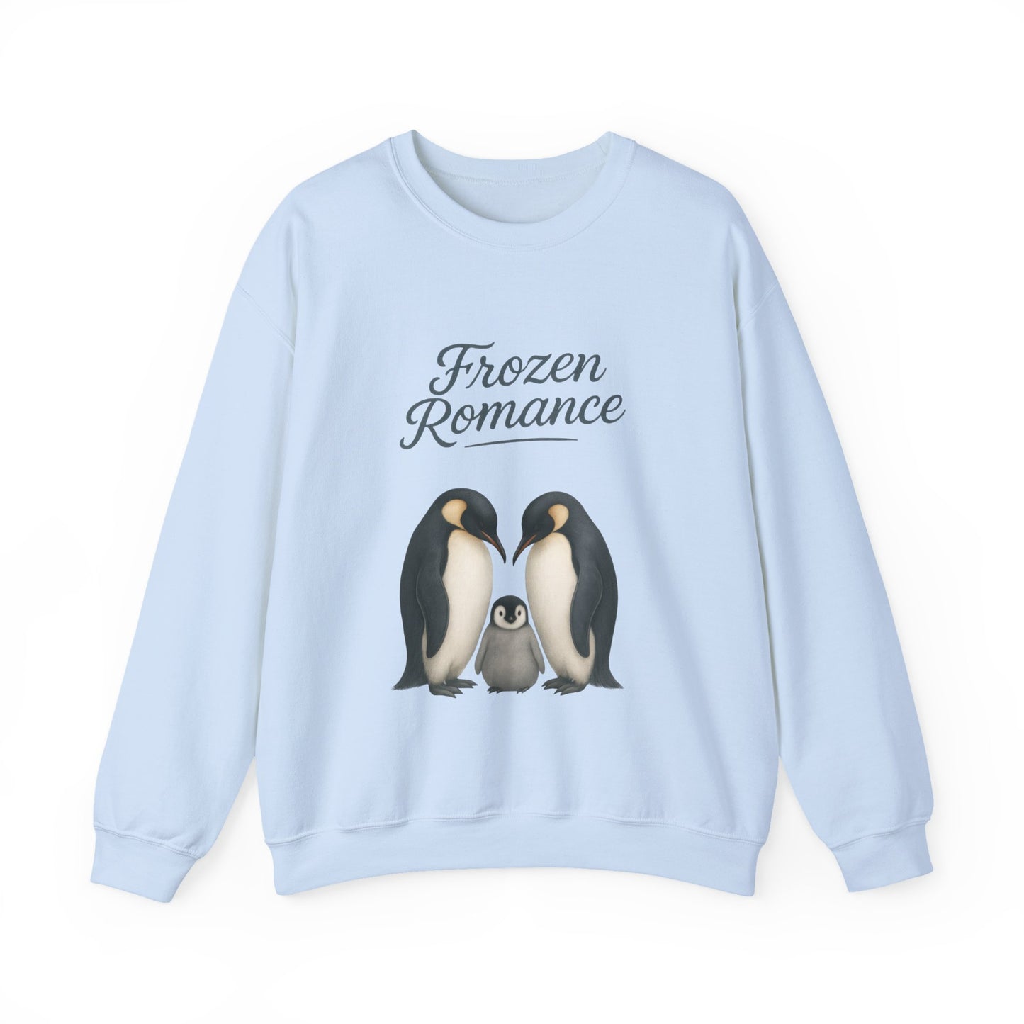 Womens Heavy Blend™ Crewneck Sweatshirt, Womens Frozen Romance Penguin Sweatshirt, Cute Animal Pullover, Romantic Graphic Top