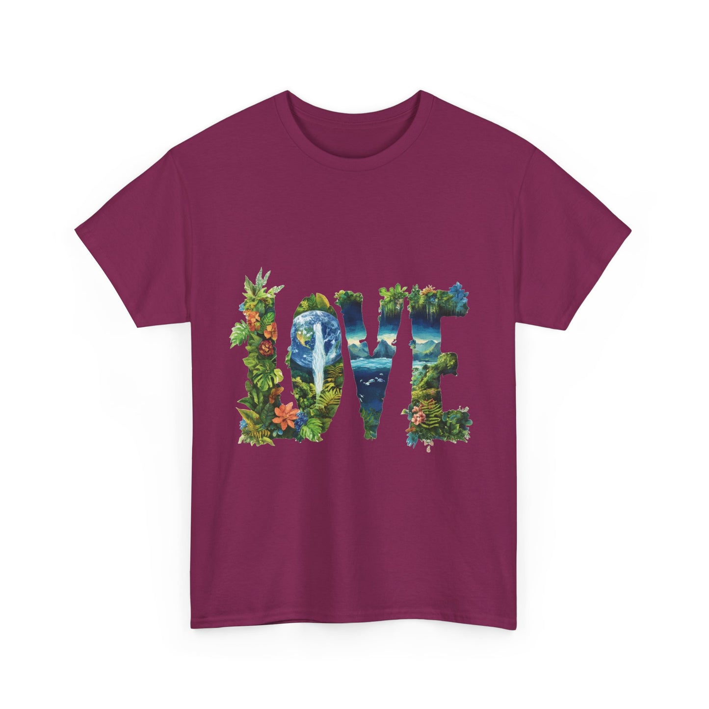 LOVE Nature Art Womens Heavy Cotton Tee, Earth Day Jungle Forest Graphic T-Shirt, Eco Friendly Gift Shirt, Nature-Inspired Love Tee
