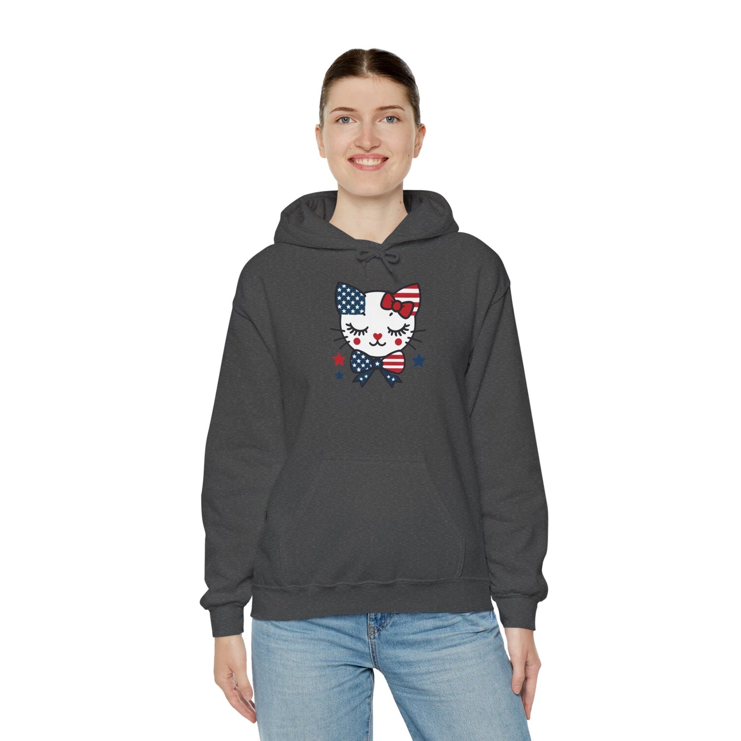 Cute Cat Patriot Women's Hoodie, Women's Heavy Blend Sweatshirt, Gift for Cat Lovers, 4th of July Apparel, Perfect for Independence Day