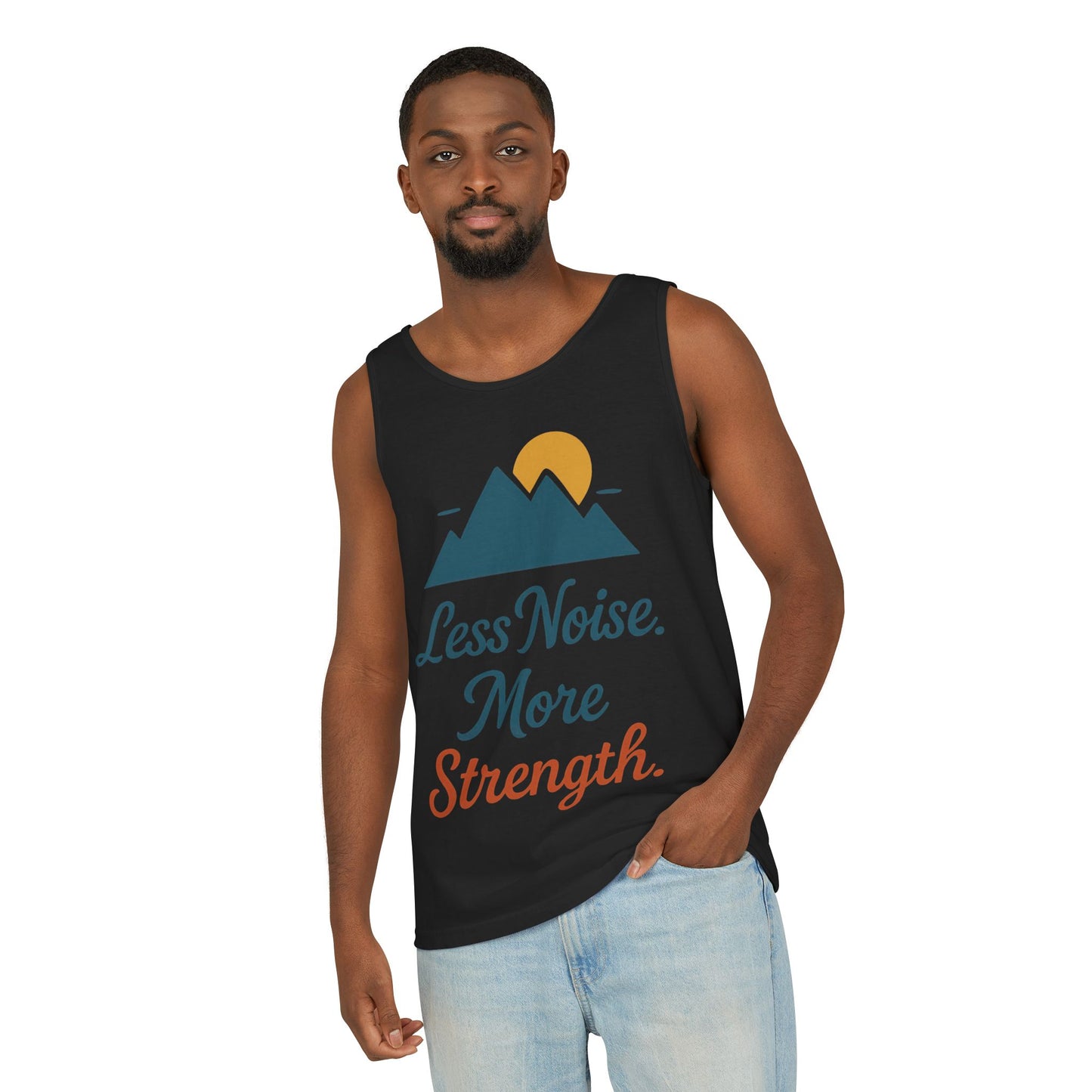 Mens Garment-Dyed Tank Top, Mens Less Noise More Strength Tank Top, Minimal Mountain Fitness Graphic Shirt