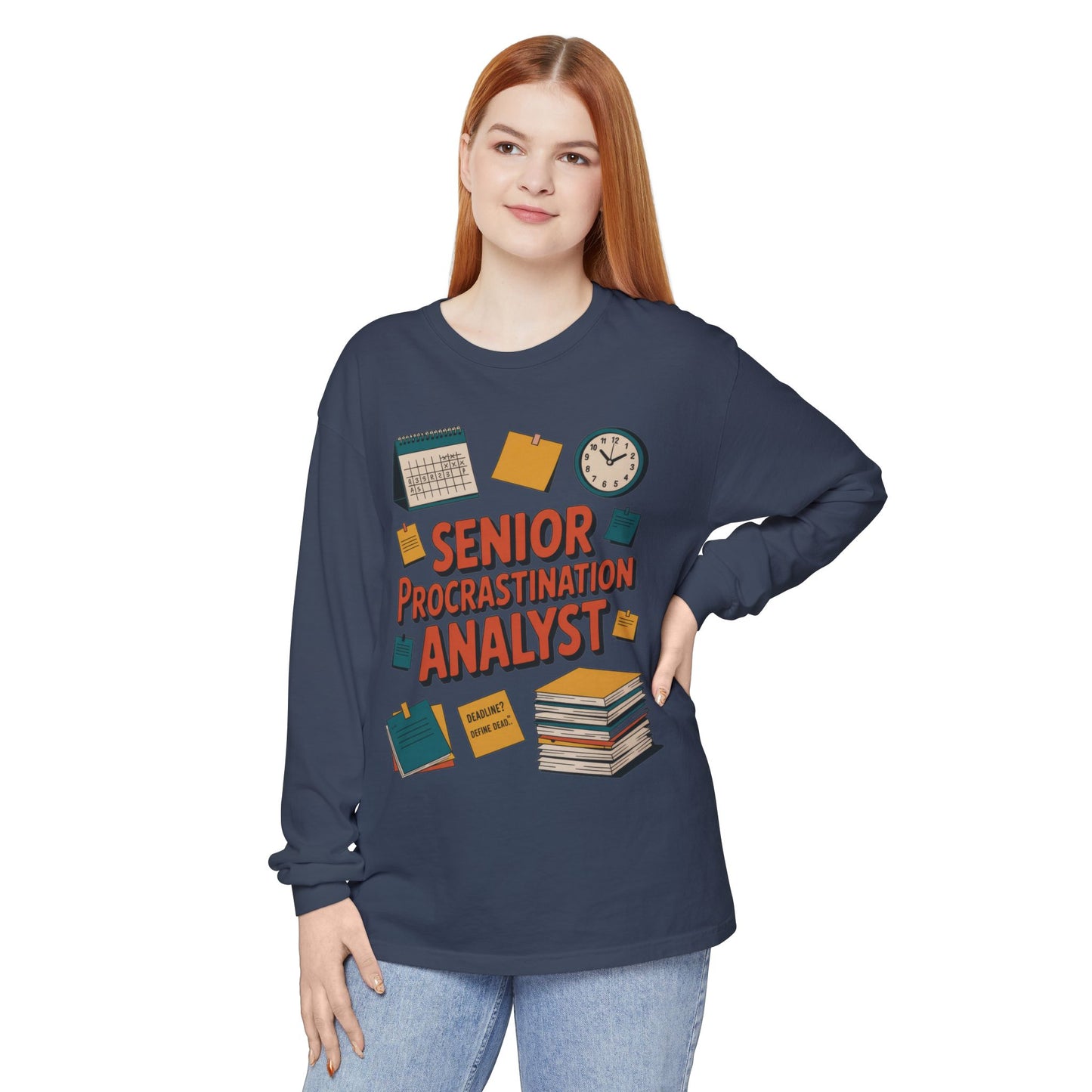 Senior Procrastination Analyst Long Sleeve Tee, Funny Work Shirt,Gift for Analysts, Office Humor, Meme Long Sleeve, Motivation Humor Apparel