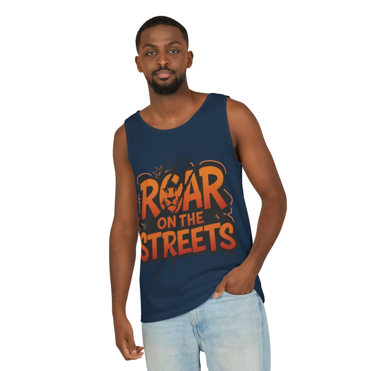 Mens Garment-Dyed Tank Top, Roar on the Streets Lion Graphic Mens Tank Top
