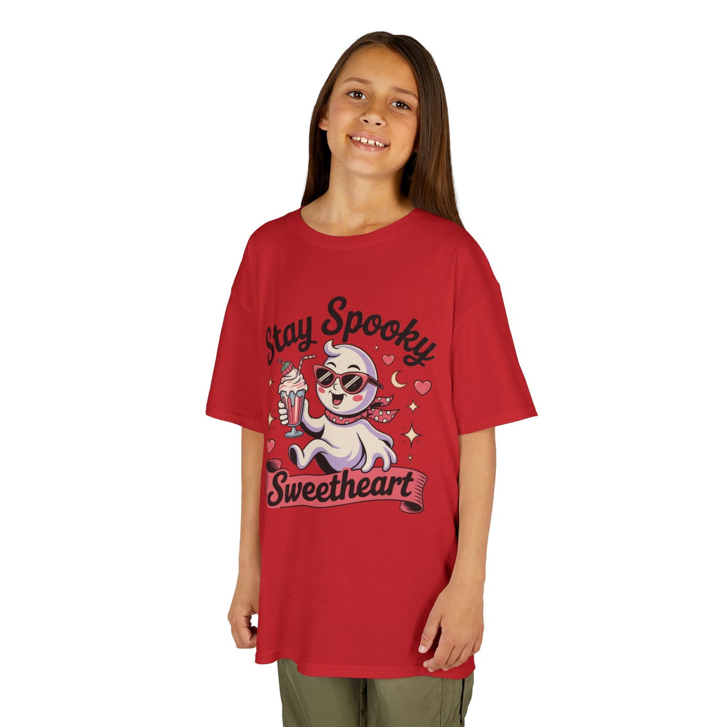 Girls Halloween Ghost T-Shirt, Stay Spooky Sweetheart Tee for Kids, Cute Retro Style Tween Girl Outfit Gift, Kids Heavy Cotton™ Tee