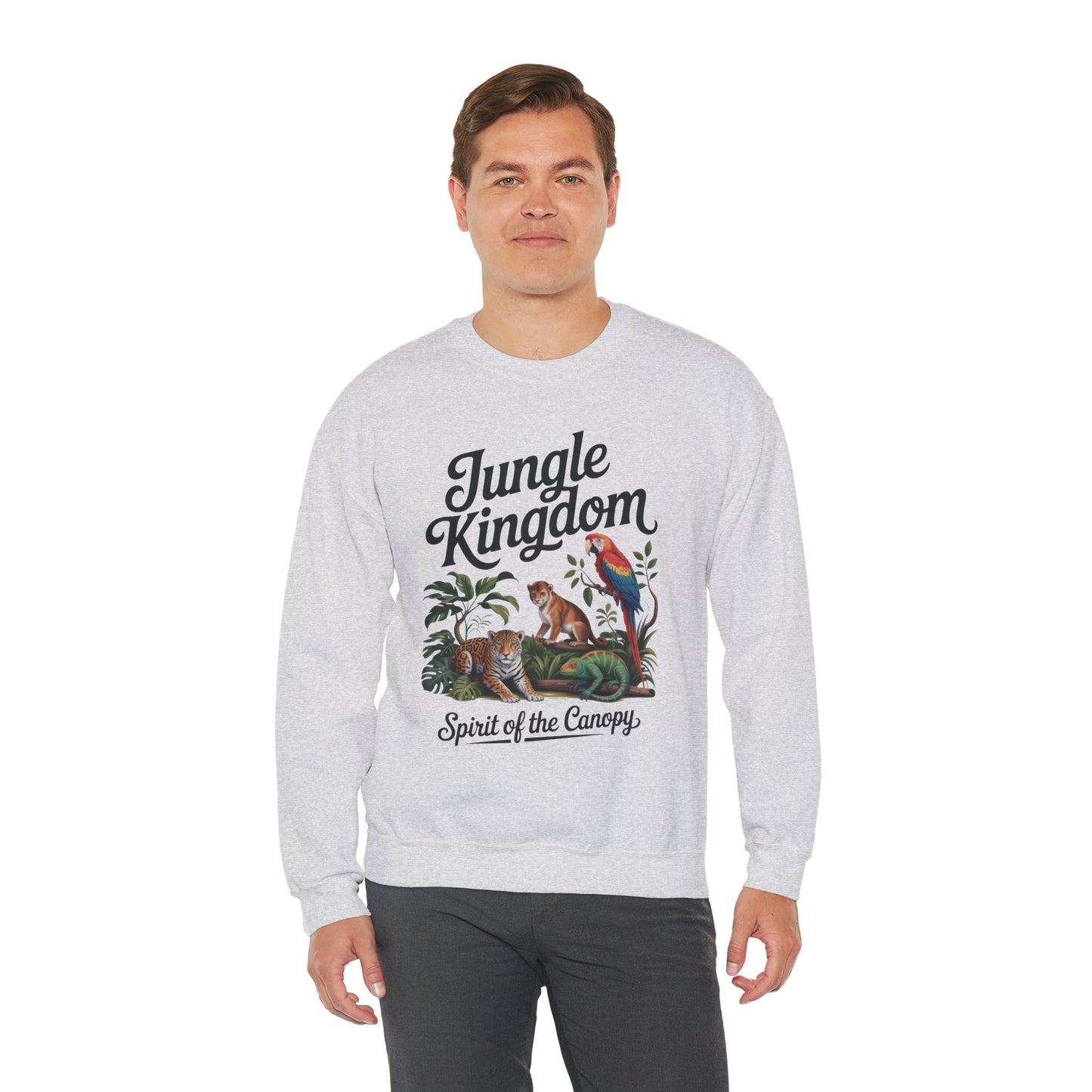 Jungle Kingdom Mens Sweatshirt, Cozy Jungle Crewneck, Nature Lover Gift, Wildlife Artwork, Eco-Conscious Apparel, Animal Enthusiast Clothing