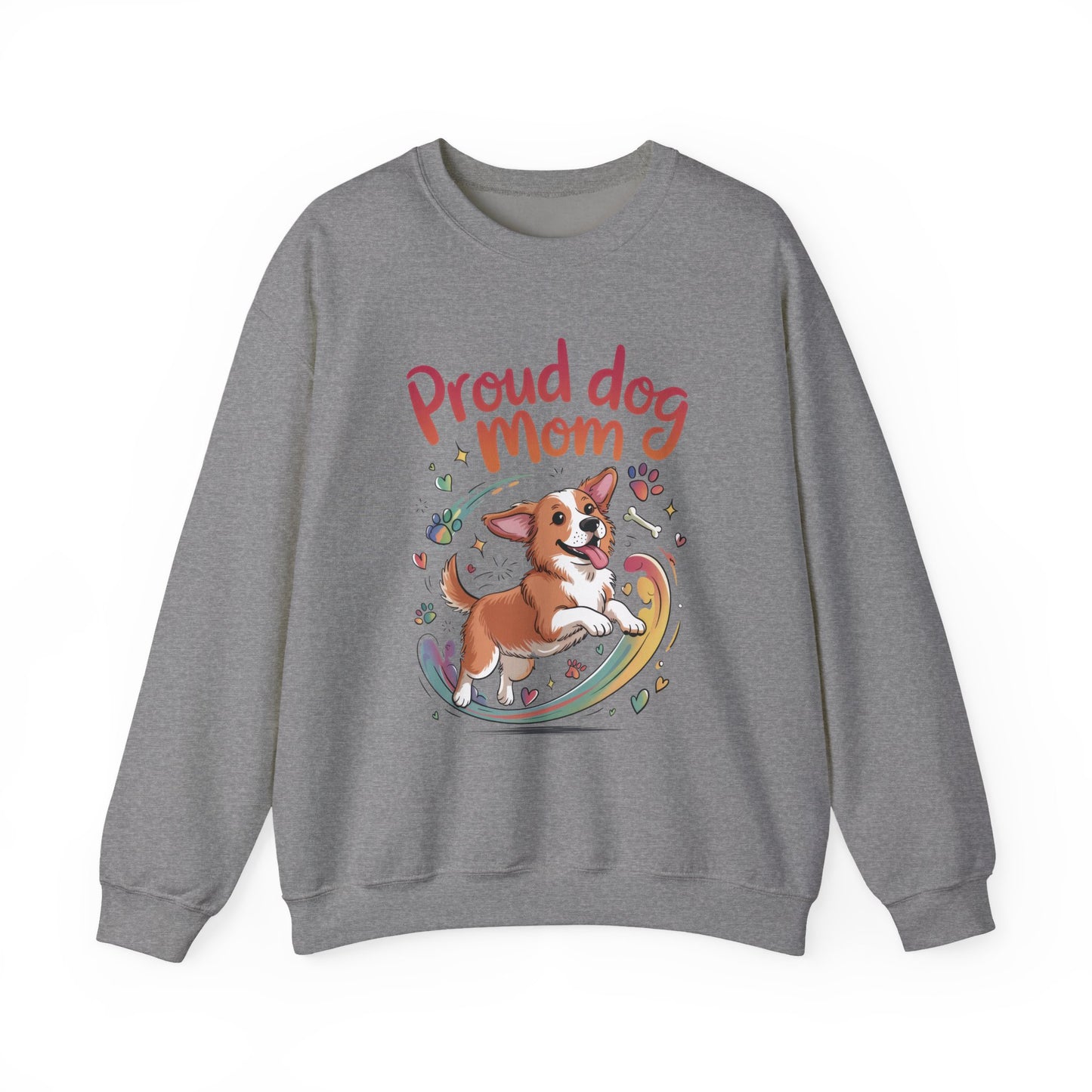 Proud Dog Mom Crewneck Sweatshirt, Pet Lover Gift, Dog Mom Apparel, Animal Lover Clothing, Gift for Dog Moms, Puppy Paw Rainbow Print