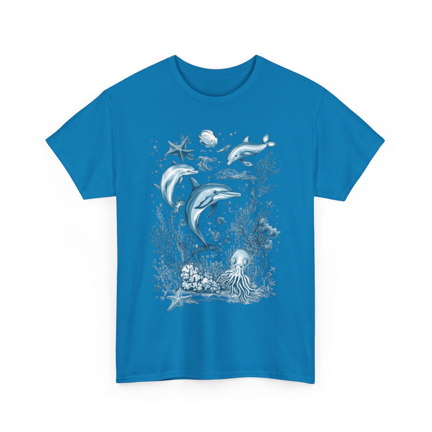 Ocean Life Dolphin T-Shirt, Women's Cotton Tee with Underwater Sea Creatures, Marine Nature Gift Shirt, Perfect for Beach Lovers
