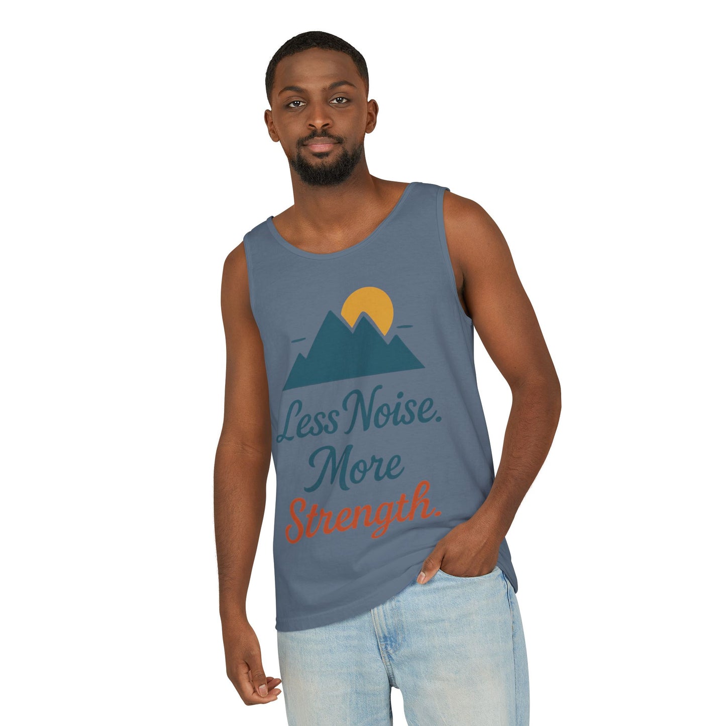 Mens Garment-Dyed Tank Top, Mens Less Noise More Strength Tank Top, Minimal Mountain Fitness Graphic Shirt