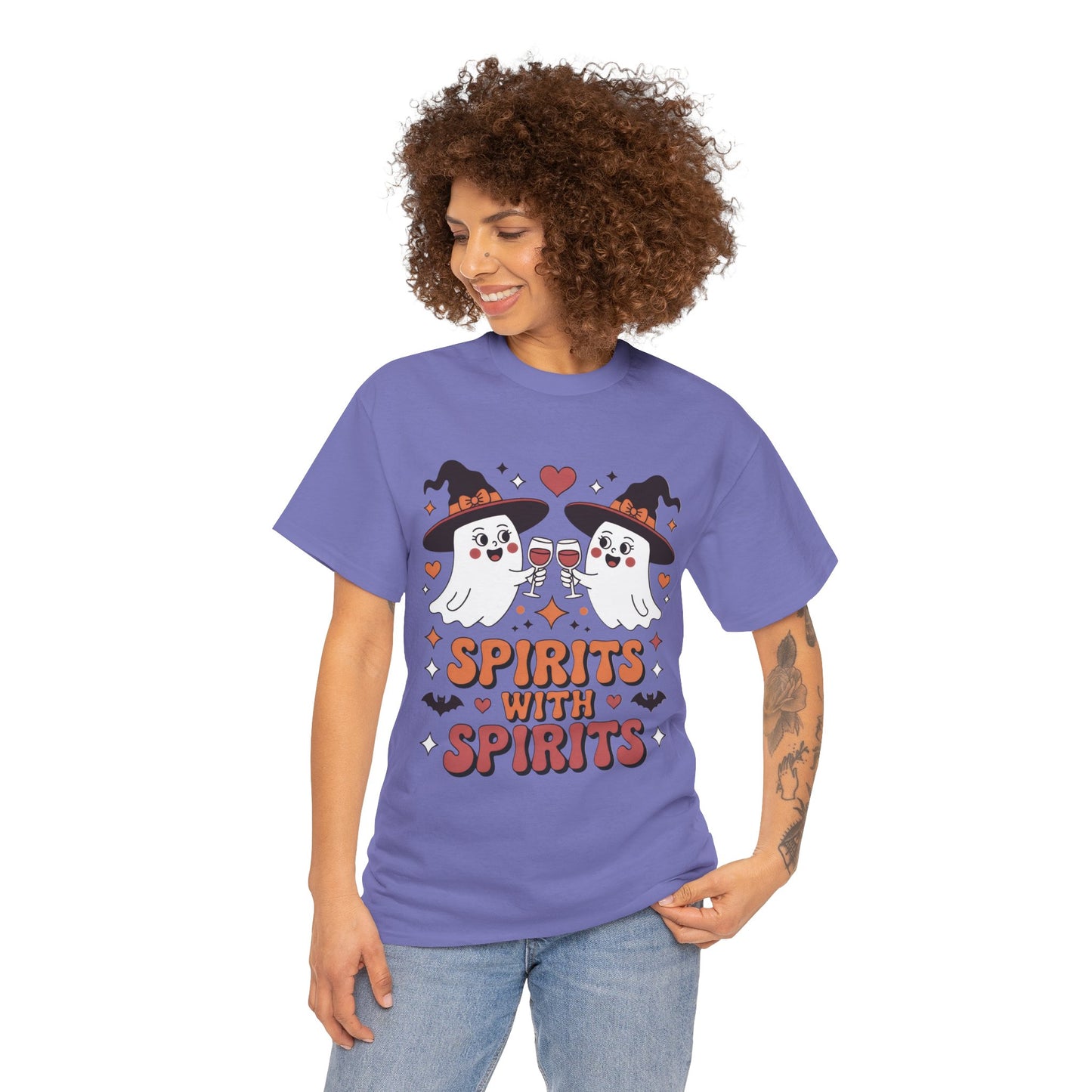 Spirits With Spirits Women's Halloween T-Shirt, Funny Ghost Drinking Wine Tee, Witches Party Shirt, Spooky Season Gift for Her