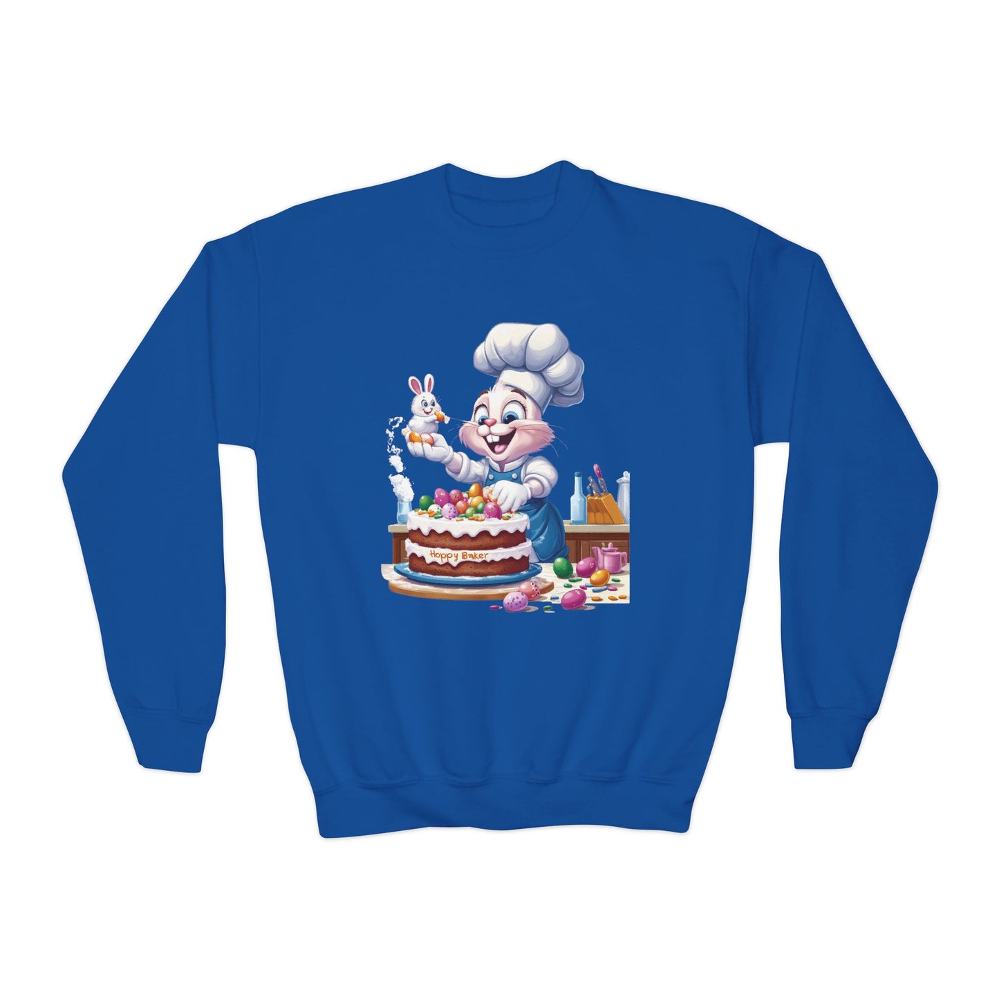 Hoppy Baker Easter Bunny Youth Sweatshirt - Cute Spring Crewneck for Kids with Chef Bunny and Cake, Fun Holiday Gift for Easter Lovers