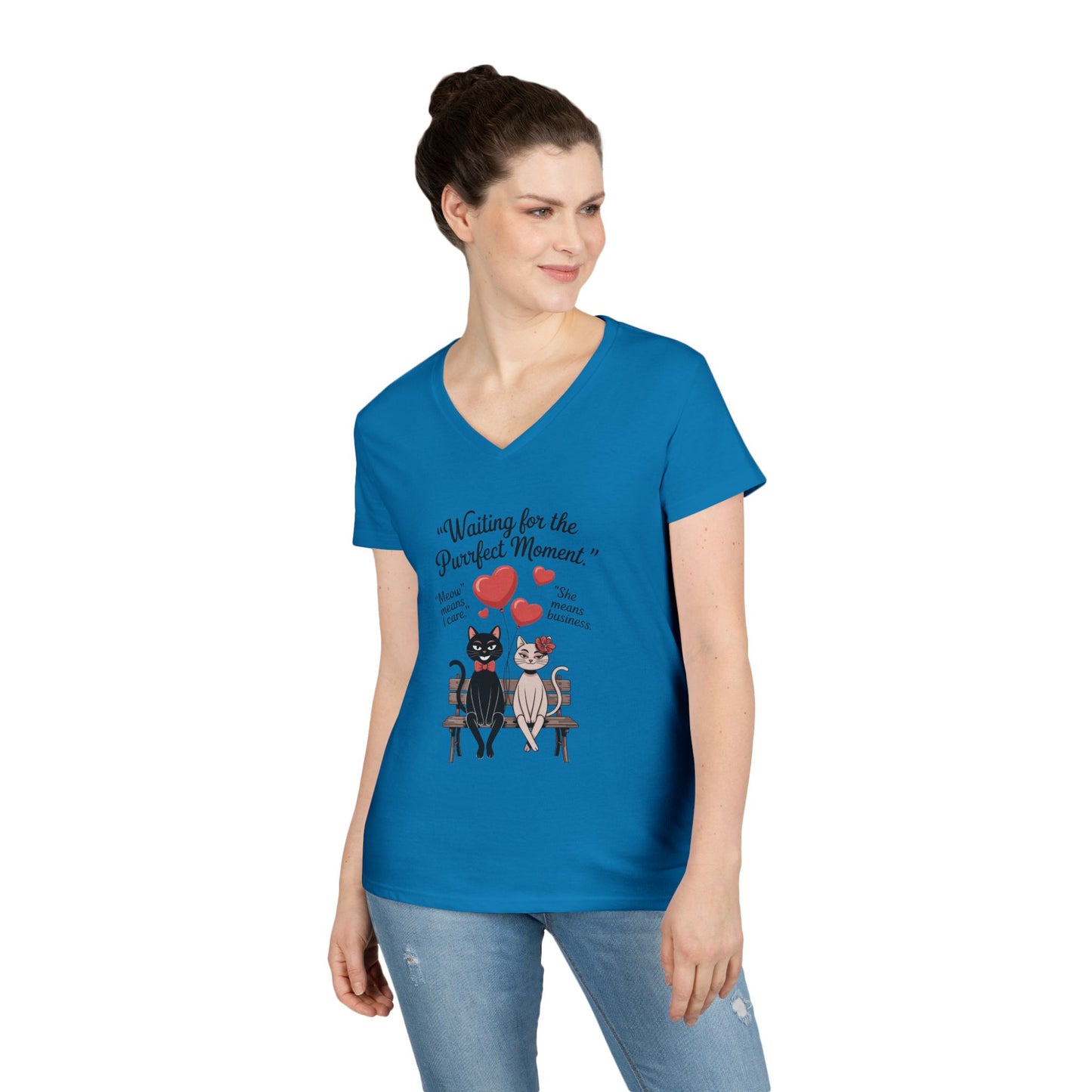 Cute Cat Lovers V-Neck T-Shirt, Casual Wear, Gift for Her, Pet Lovers, Best Friend Gift, Cute Cat Design, Valentine's Day, Cat Love