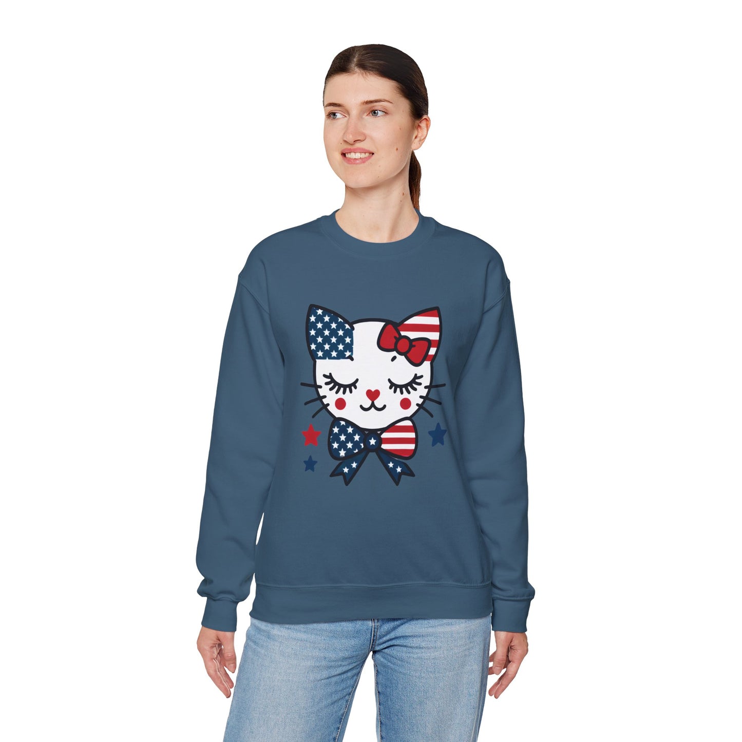 Cute Cat American Flag Sweatshirt, Women's Crewneck, Perfect for 4th of July, Women's Casual Wear, Cat Lovers Gifts