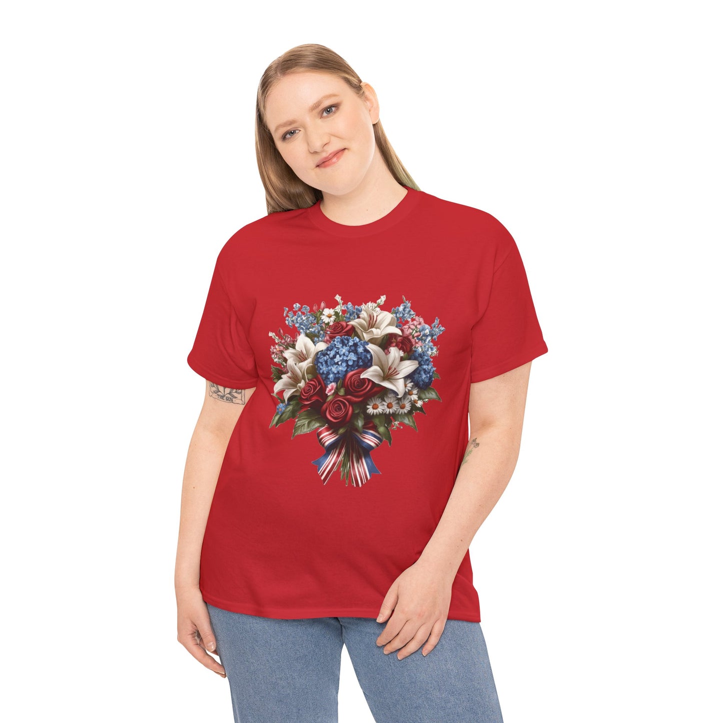 Patriotic Floral Bouquet T-Shirt, Red White Blue Flower Graphic Tee, USA Pride Shirt, Unisex Heavy Cotton Tee
