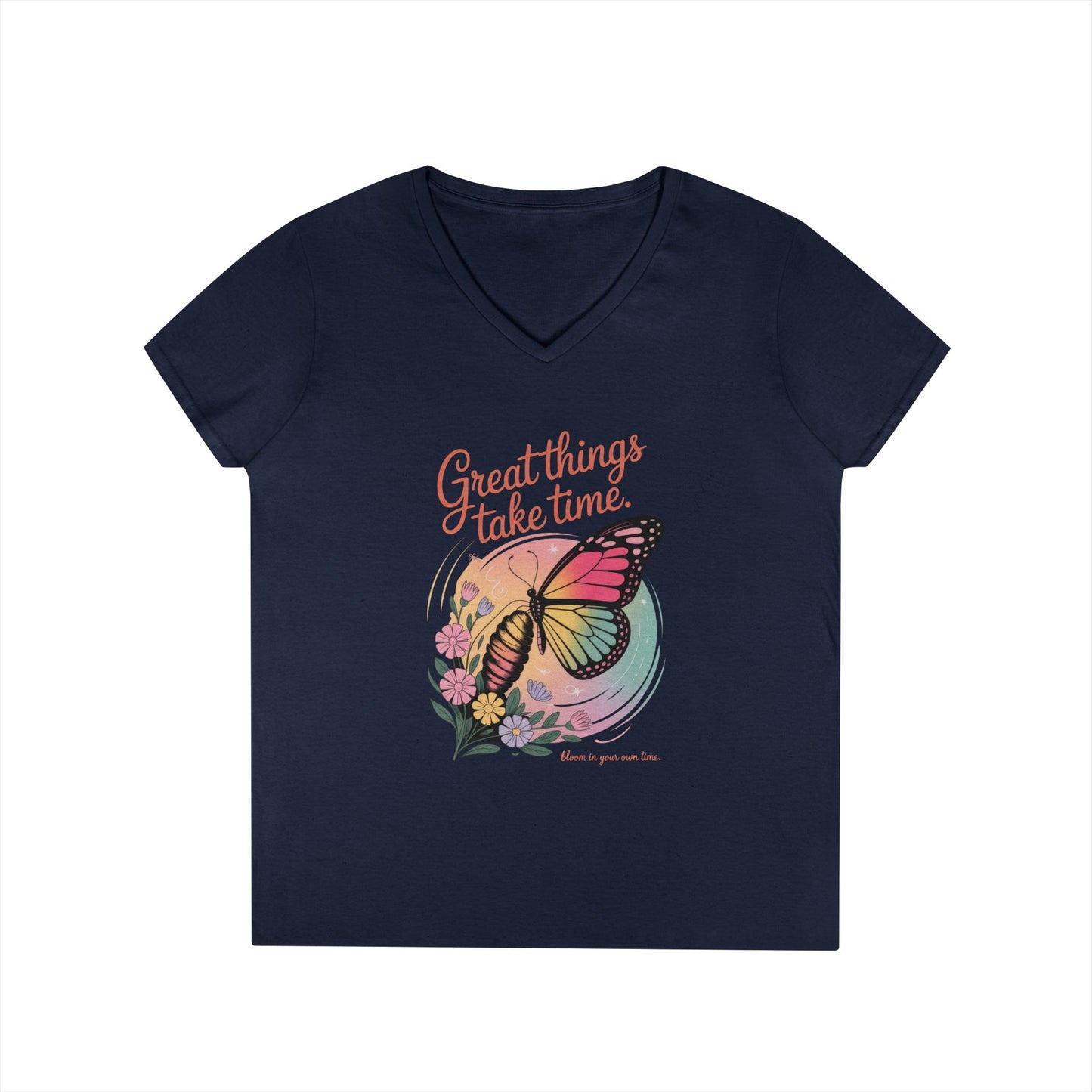 Inspiring Ladies' V-Neck T-Shirt, Great Things Take Time Butterfly Design, Relaxation, Motivation, Nature, Motivational Women's Tee