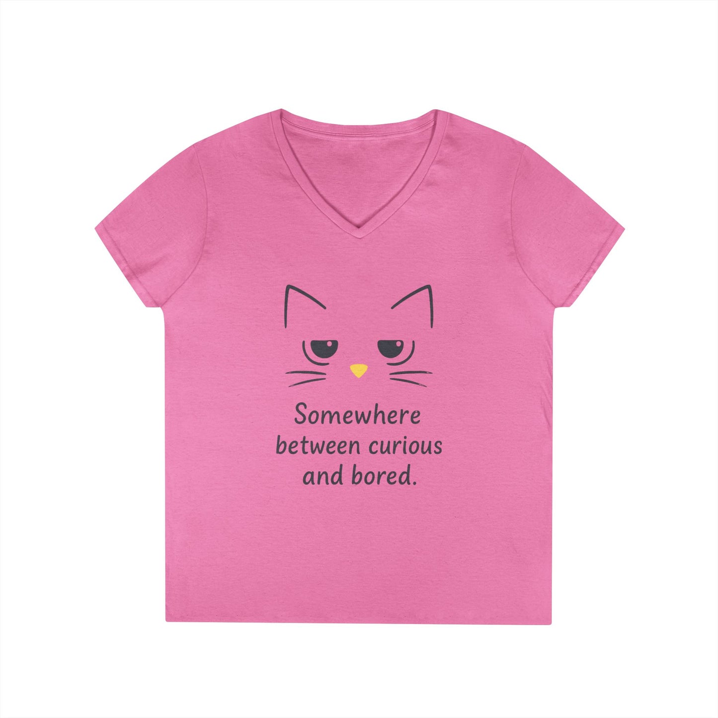 Funny Cat V-Neck T-Shirt - Somewhere Between Curious and Bored, Gift for Cat Lovers, Casual Wear, Birthday Tee, Cute Animal Shirt