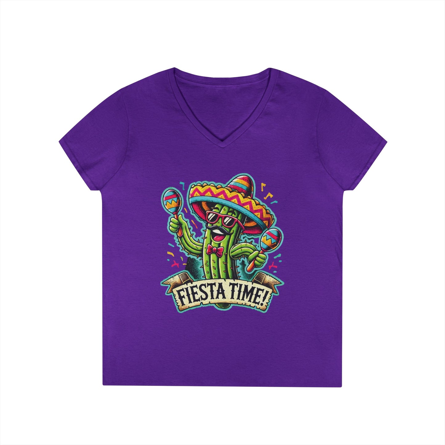 Fiesta Time Cactus Ladies' V-Neck T-Shirt, Funny Sombrero Mexican Party Tee, Cinco de Mayo Gift Idea, Fun Summer Tee, Party Wear