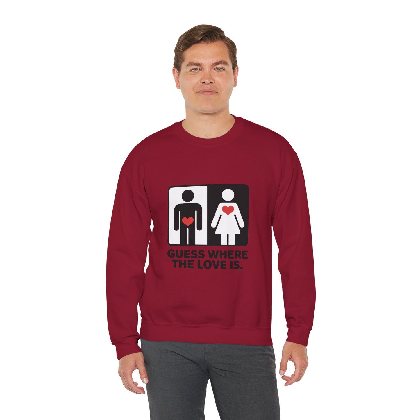 Guess Where the Love Is Mens Crewneck Sweatshirt, Cute Couples Gift, Love Themed Apparel, Valentine's Day Apparel, Relationship Sweatshirt