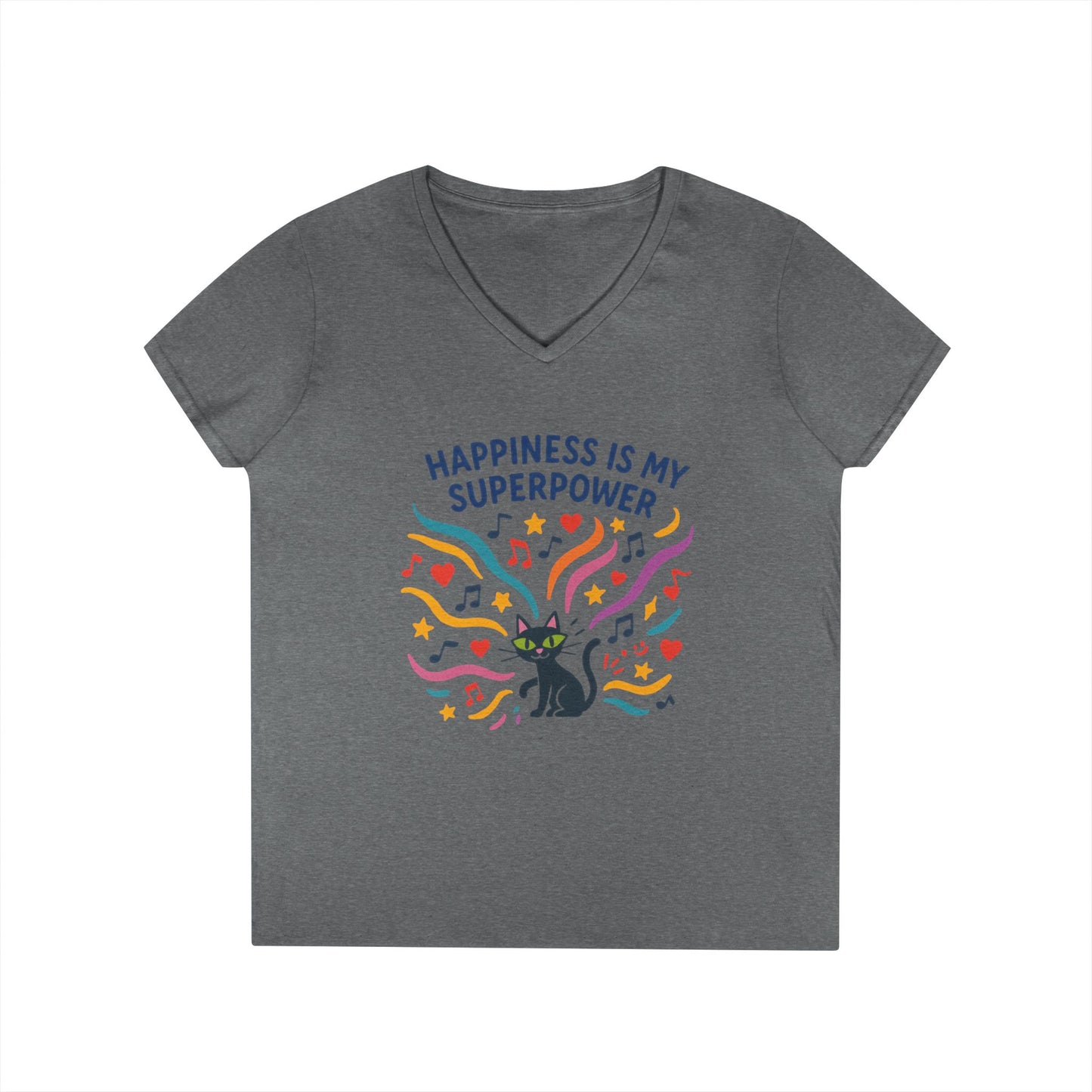 Happiness Is My Superpower V-Neck T-Shirt, Cat Lover Tee, Gift for Her, Cute Graphic Shirt, Music Enthusiast Apparel, Funny Cat Shirt