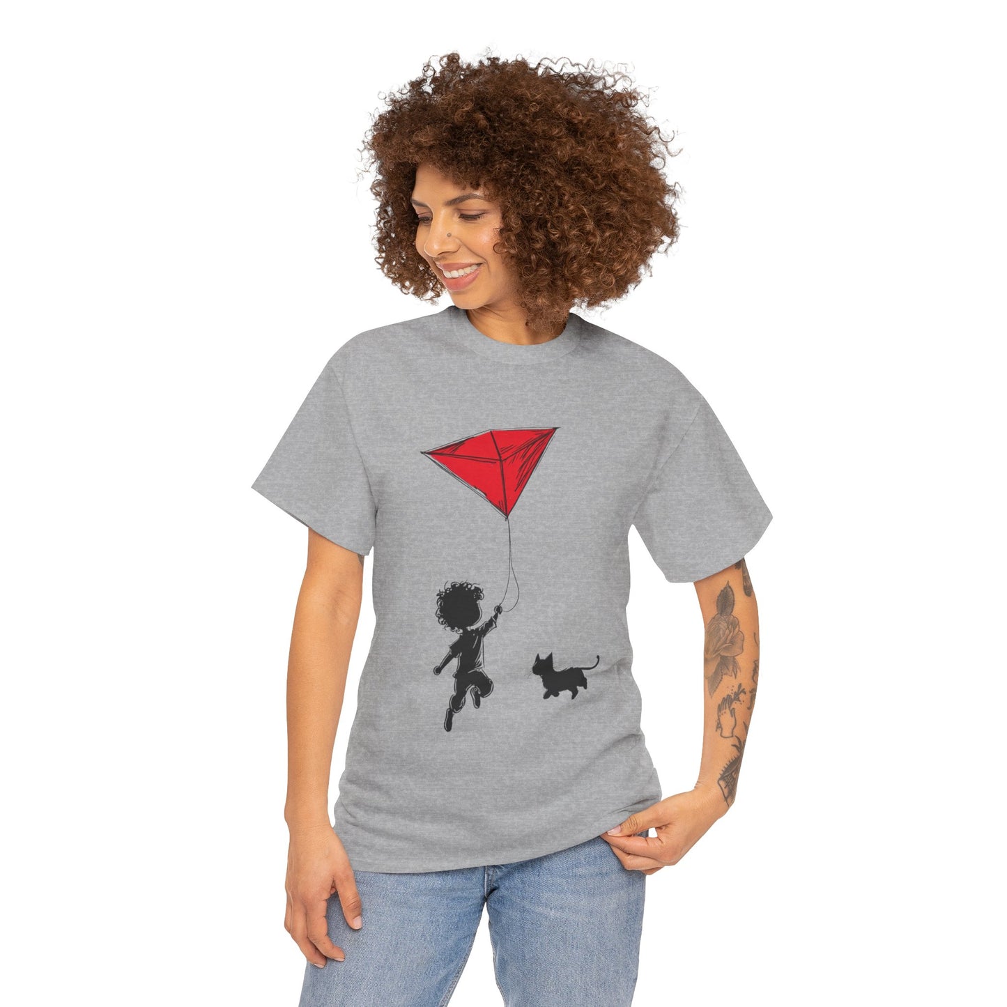Cute Kid and Cat Design T-Shirt, Playful Gift for Cat Lovers, Summer Style, Cat Lover T-Shirt, Gift for Cat Owners, Women's Cotton T-Shirt