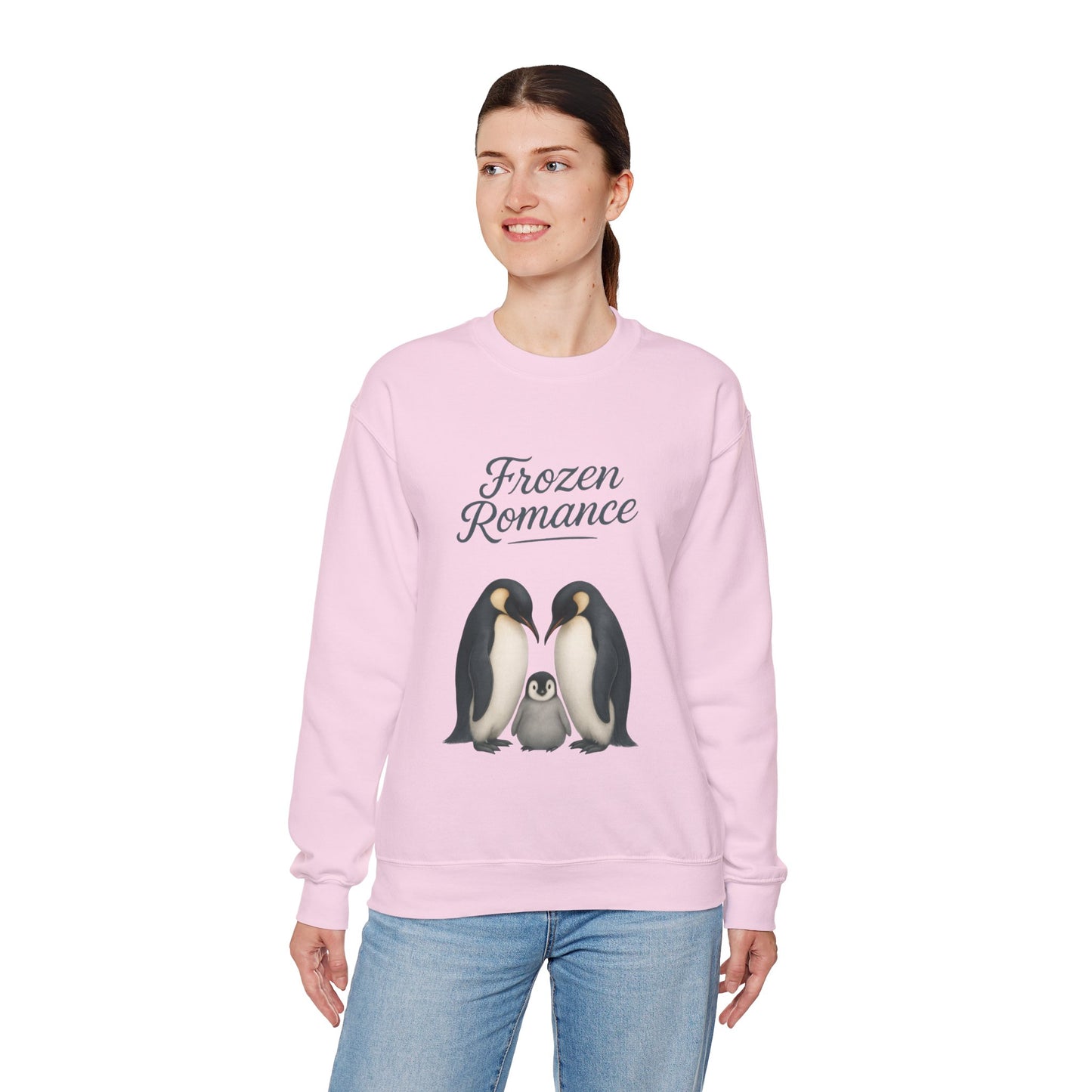 Womens Heavy Blend™ Crewneck Sweatshirt, Womens Frozen Romance Penguin Sweatshirt, Cute Animal Pullover, Romantic Graphic Top
