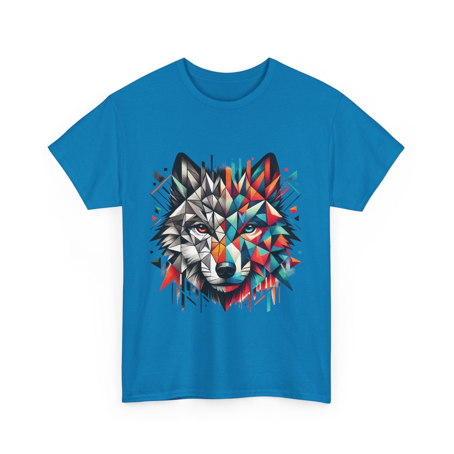 Geometric Wolf Tee, Heavy Cotton T-Shirt, Wildlife Lover Apparel, Unique Nature Wear, Artistic Wolf Design Tee