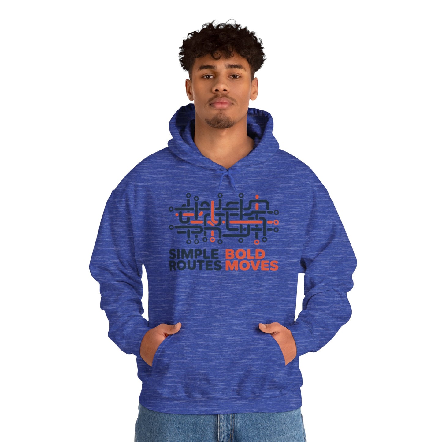 Men's Heavy Blend™ Hooded Sweatshirt, Simple Routes Bold Moves Hoodie, Unisex Metro Map Graphic, Urban Streetwear