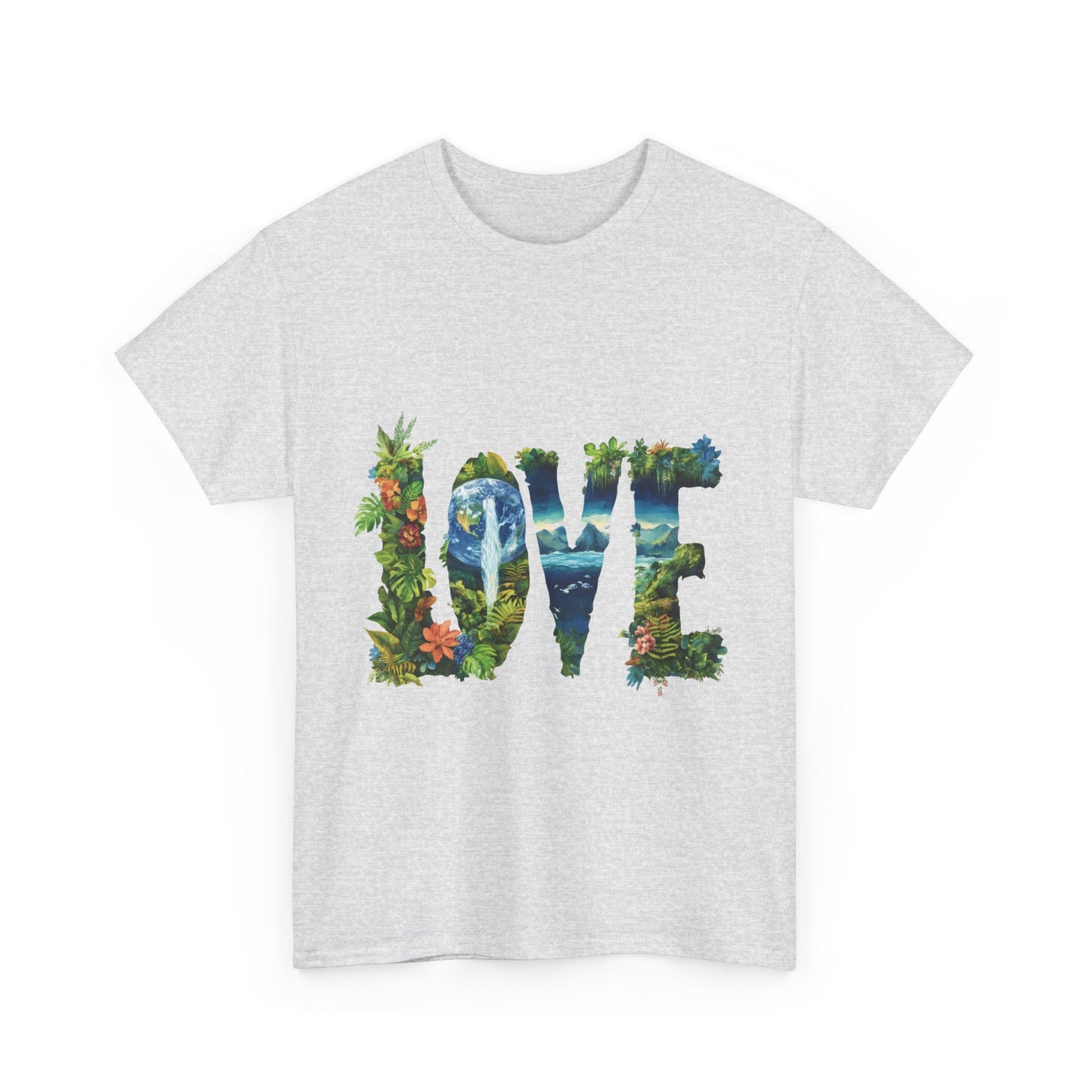 LOVE Nature Art Womens Heavy Cotton Tee, Earth Day Jungle Forest Graphic T-Shirt, Eco Friendly Gift Shirt, Nature-Inspired Love Tee