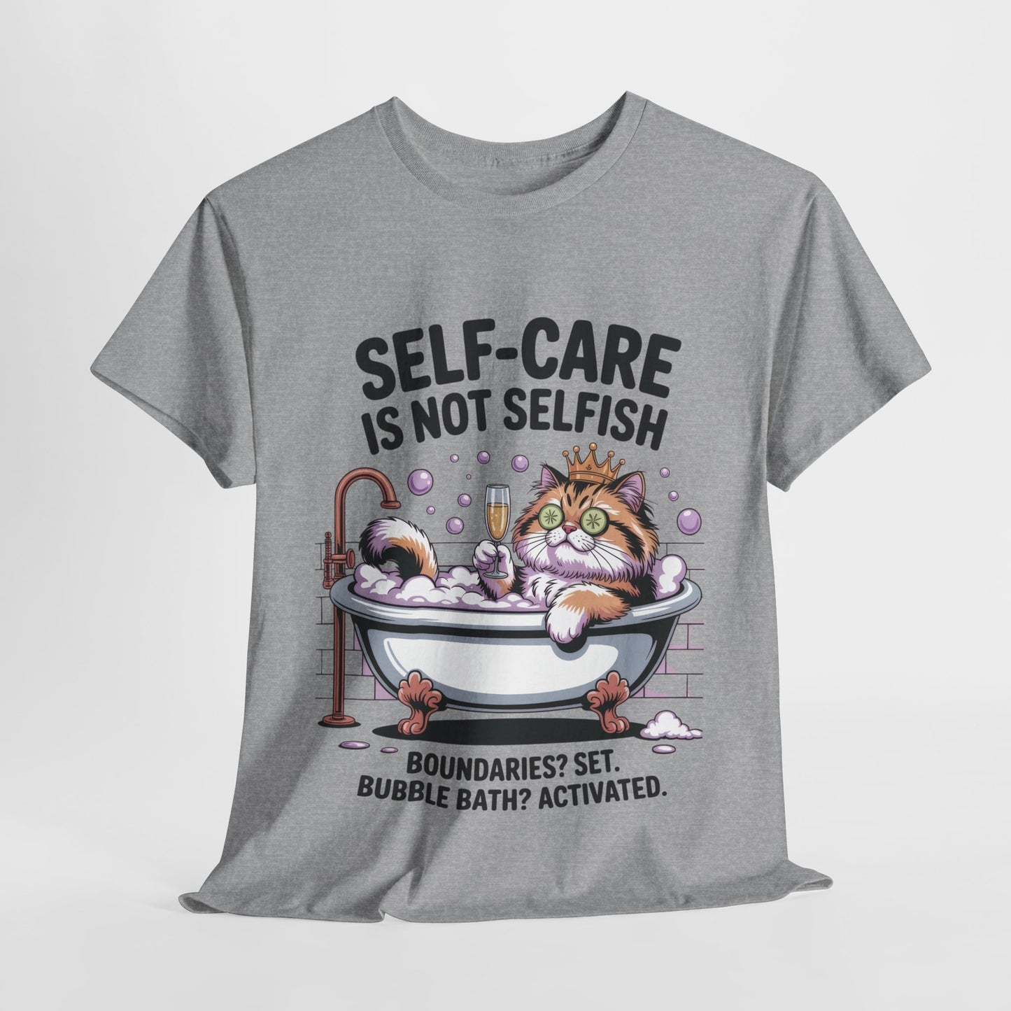 Womens Heavy Cotton Tee, Self-Care Cat Shirt, Funny Cat Bubble Bath Tee, Relaxing Kitty Graphic, Self Care Is Not Selfish Womens T-Shirt