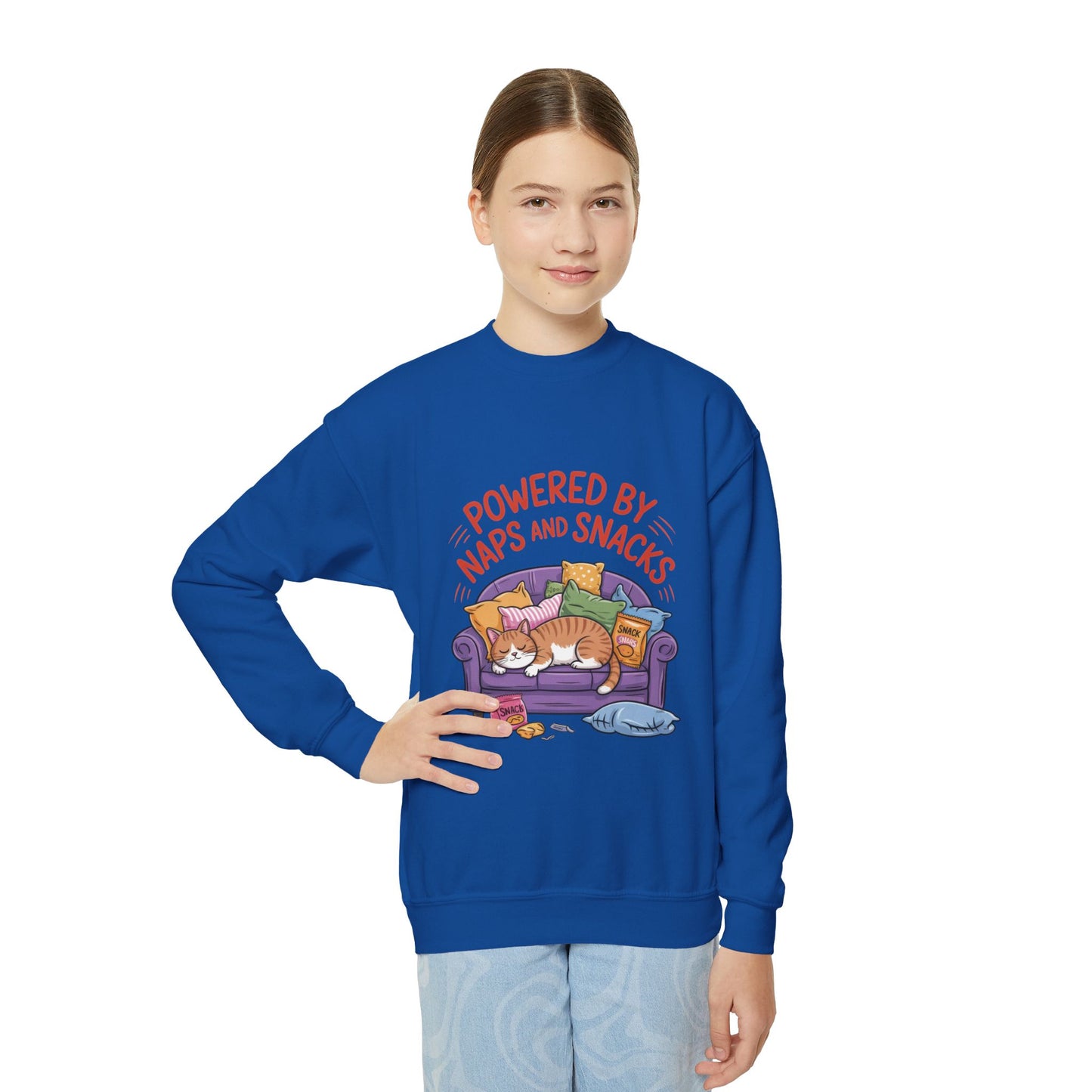 Youth Sweatshirt - Powered by Naps and Snacks, Cozy Apparel for Kids, Perfect for Chill Days, Gift for Cat Lovers, Funny Sweatshirt