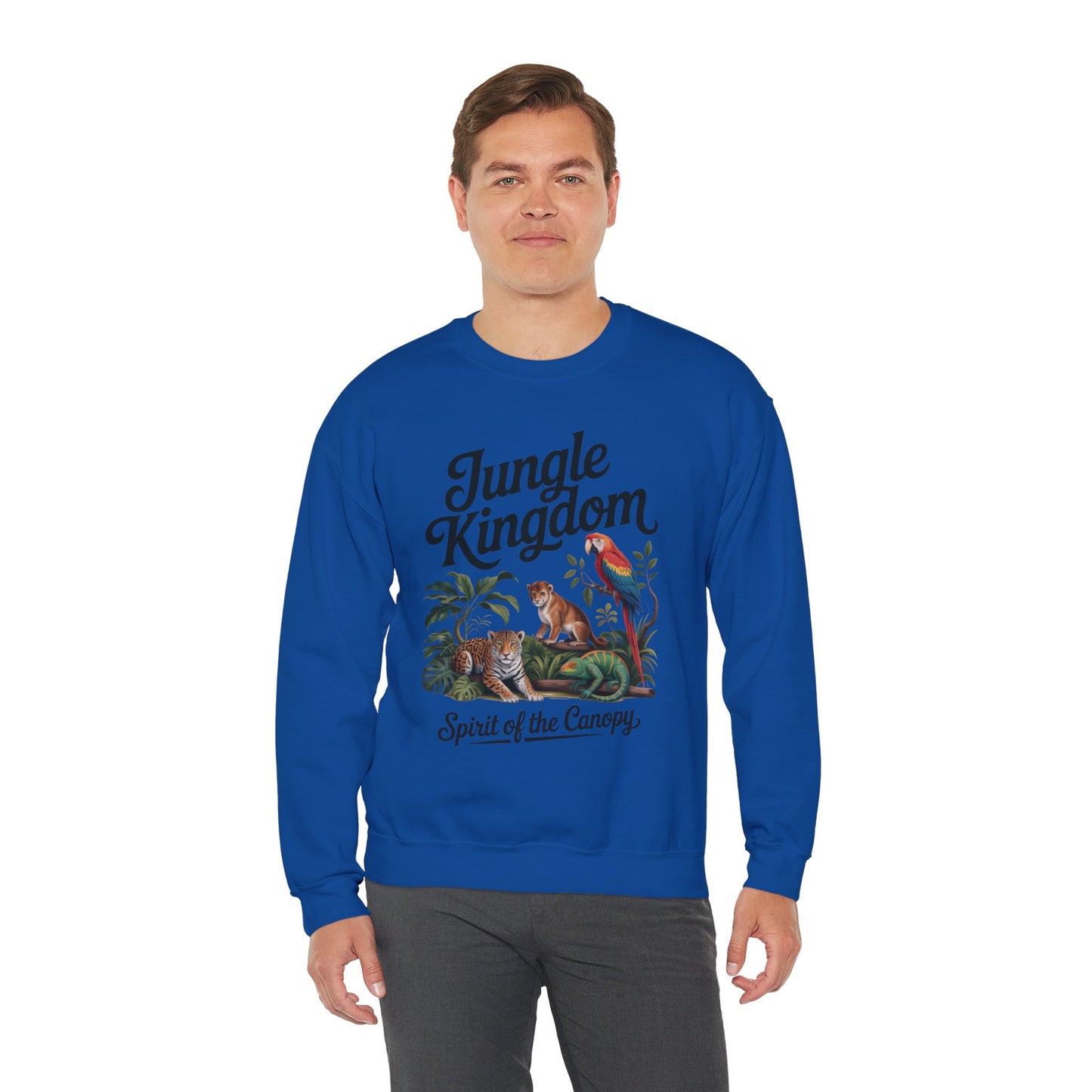 Jungle Kingdom Mens Sweatshirt, Cozy Jungle Crewneck, Nature Lover Gift, Wildlife Artwork, Eco-Conscious Apparel, Animal Enthusiast Clothing