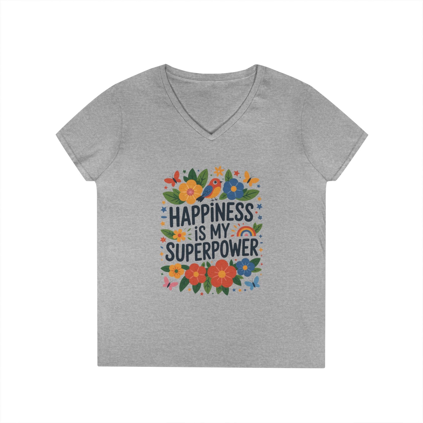 Happiness is My Superpower V-Neck T-Shirt, Floral Motivational Tee, Gift for Her, Positive Quote Shirt, Joyful Statement Tee
