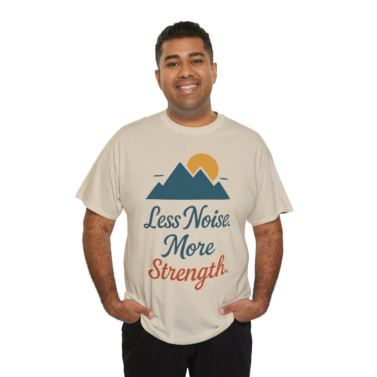 Mens Less Noise More Strength Mountain T-Shirt, Motivational Gym Hiking Tee