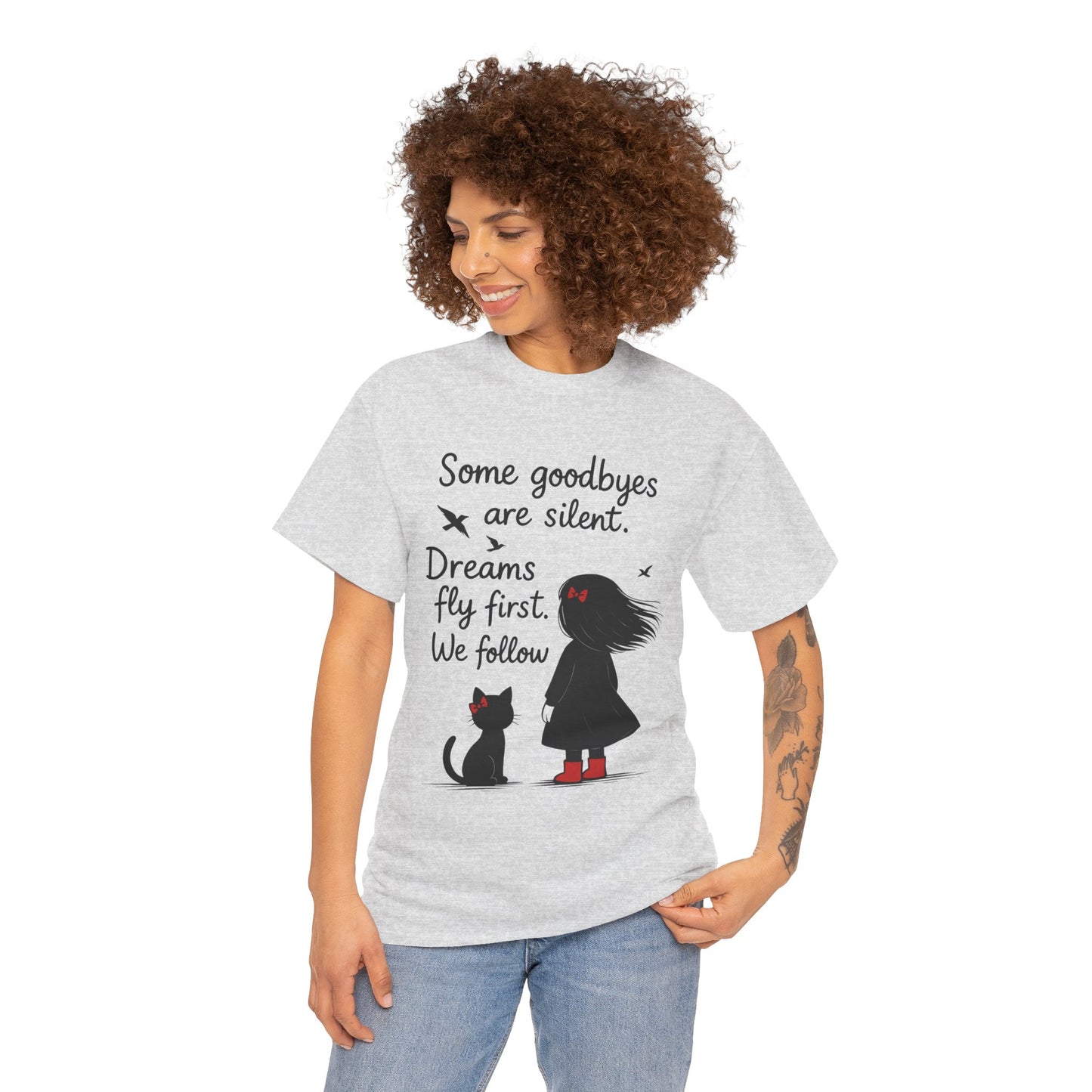 Emotional Hand Drawn Womens T-Shirt, Minimalist Red Dress Girl and Cat Graphic Tee, Cat Lover Gift