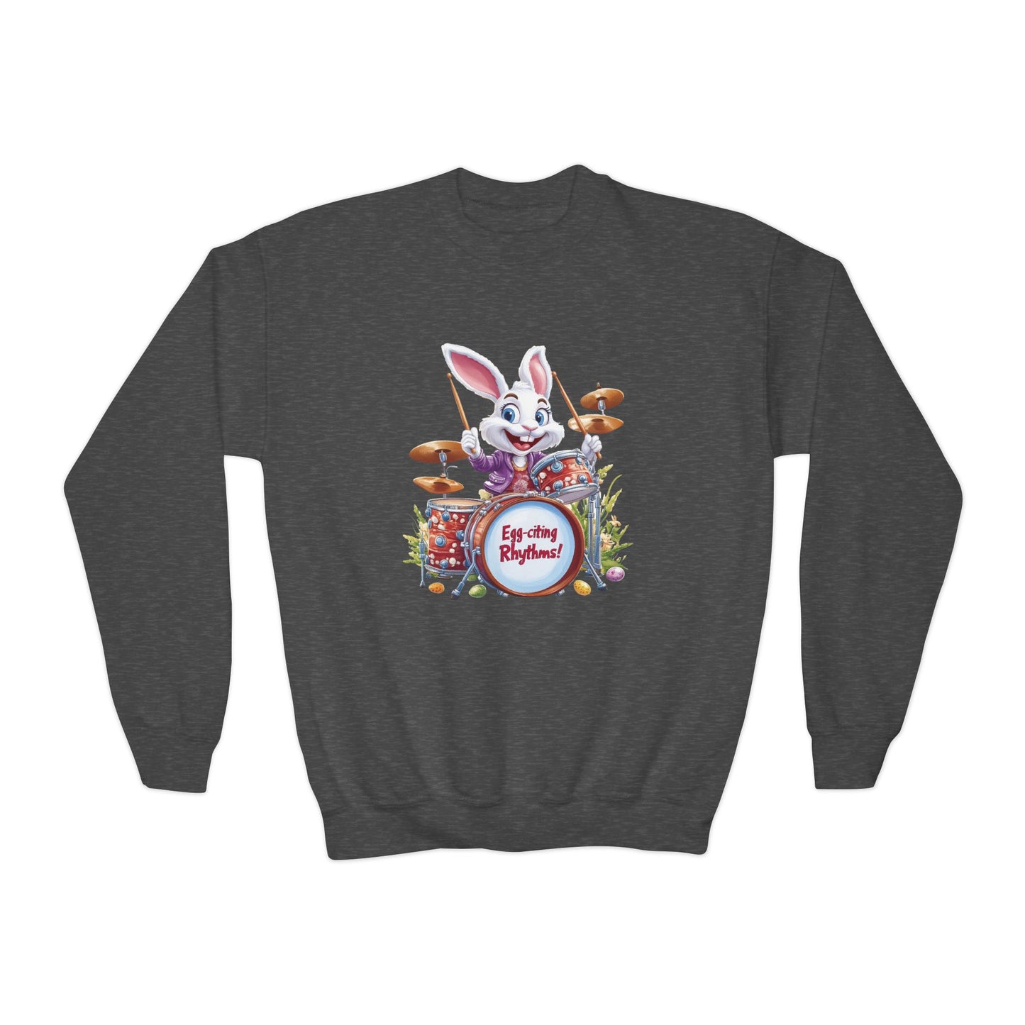 Easter Bunny Drummer Kids Sweatshirt - Cute Spring Crewneck for Children, Fun Easter Gift Colorful Bunny Playing Drums Design