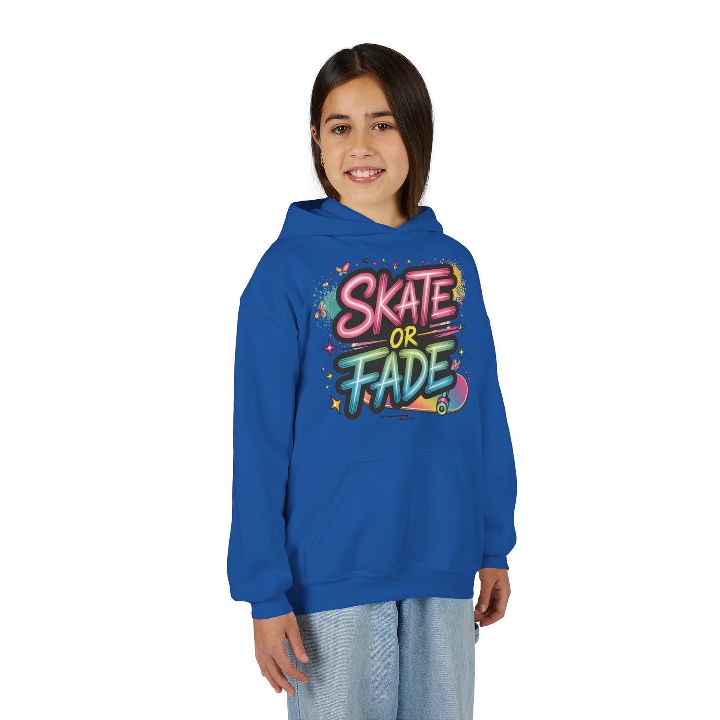 Youth Heavy Blend Hooded Sweatshirt, Skate Or Fade Girls Shirt, Colorful Graffiti Skateboarding Hoodie
