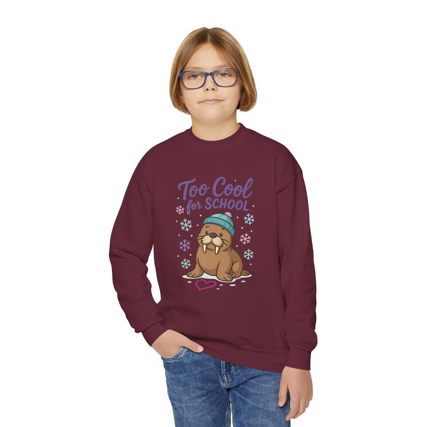 Youth Crewneck Sweatshirt, Kids Too Cool for School Walrus Sweatshirt, Funny Animal Pullover, Cute Winter Top
