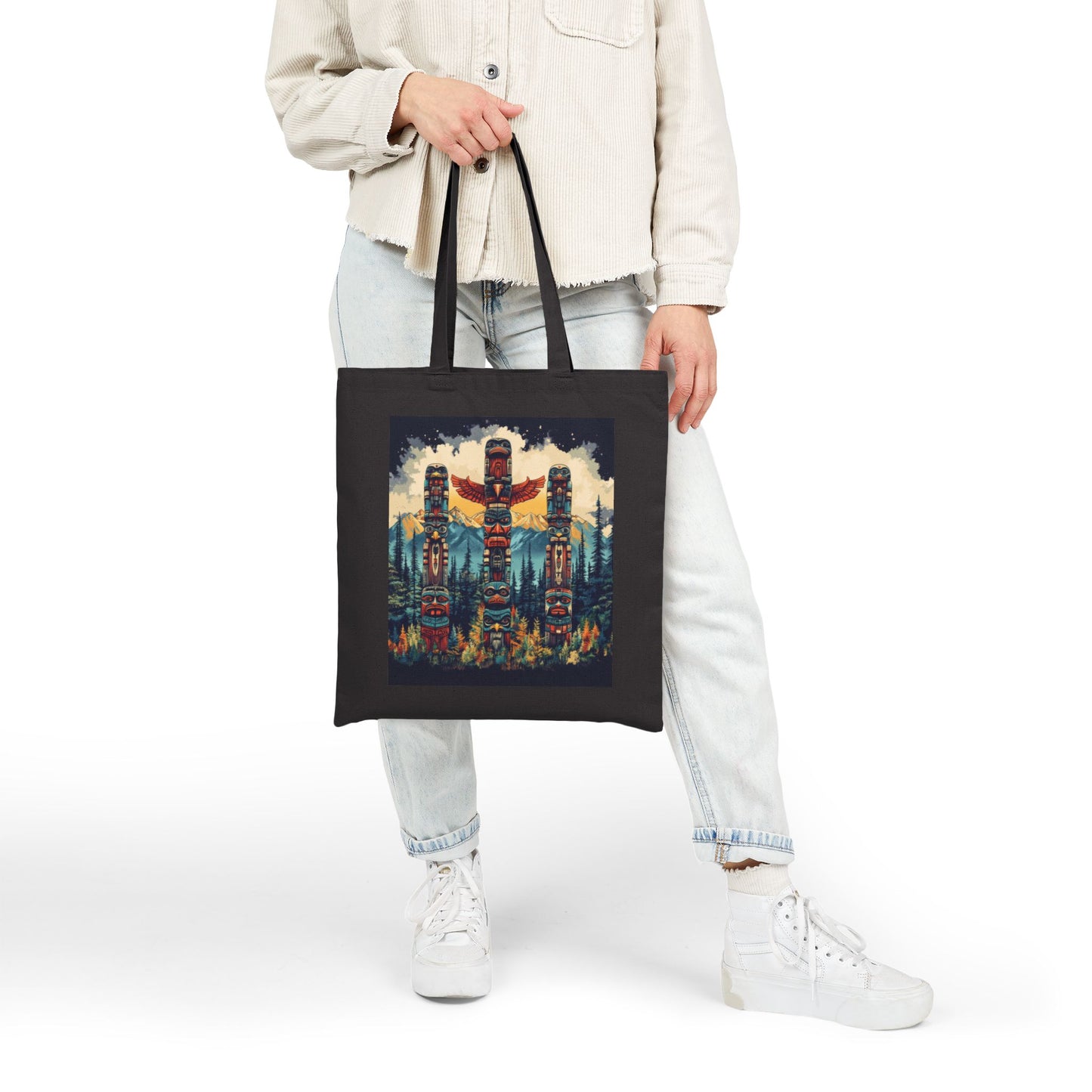 Totem Pole Canvas Tote Bag, Eco-Friendly Shopping Bag, Gift for Nature Lovers, Beach Tote, Reusable Grocery Bag, Boho Art