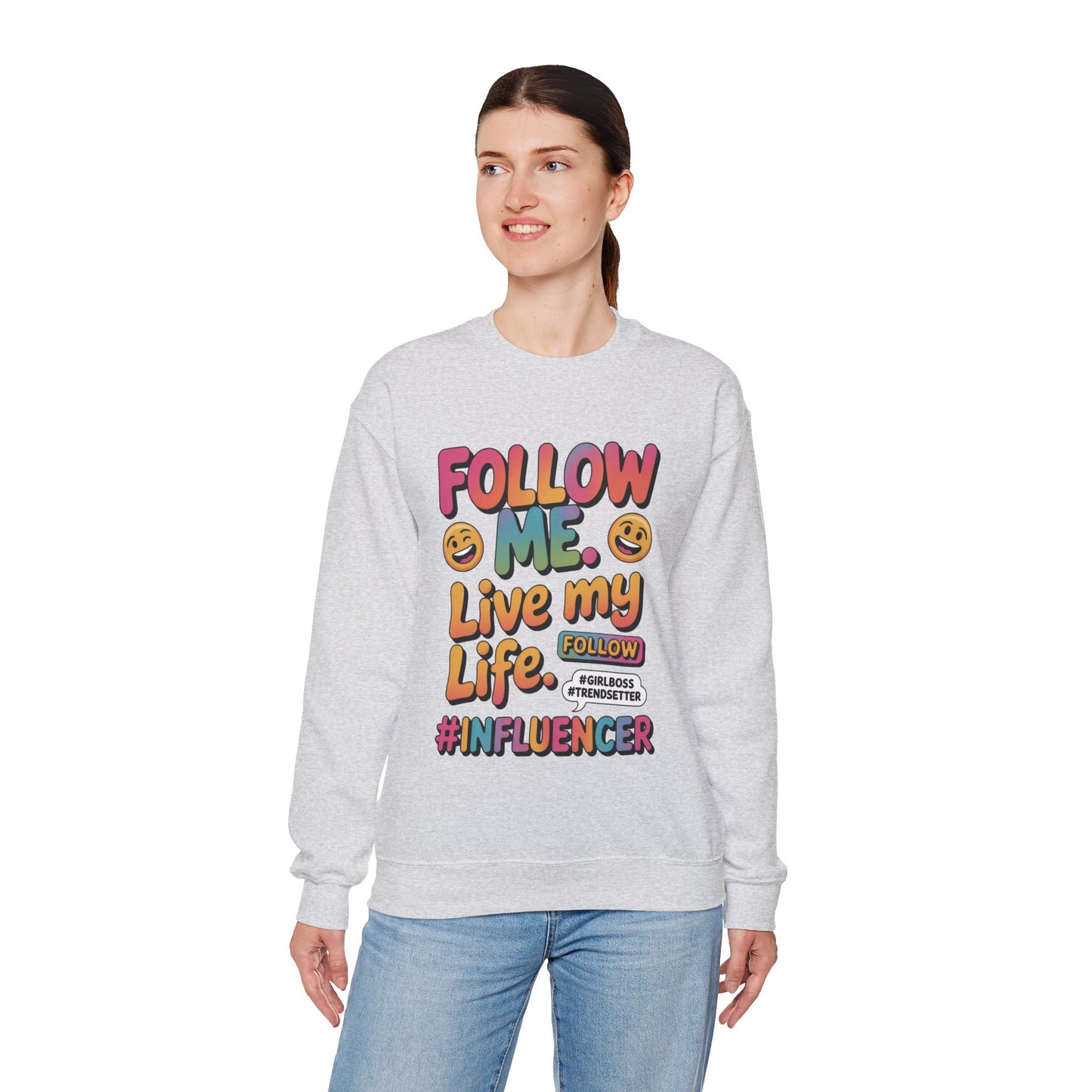 Womens Heavy Blend™ Crewneck Sweatshirt, Influencer Sweatshirt, Colorful Follow Me Live My Life Graphic Sweatshirt, Trendy GirlBoss Outfit