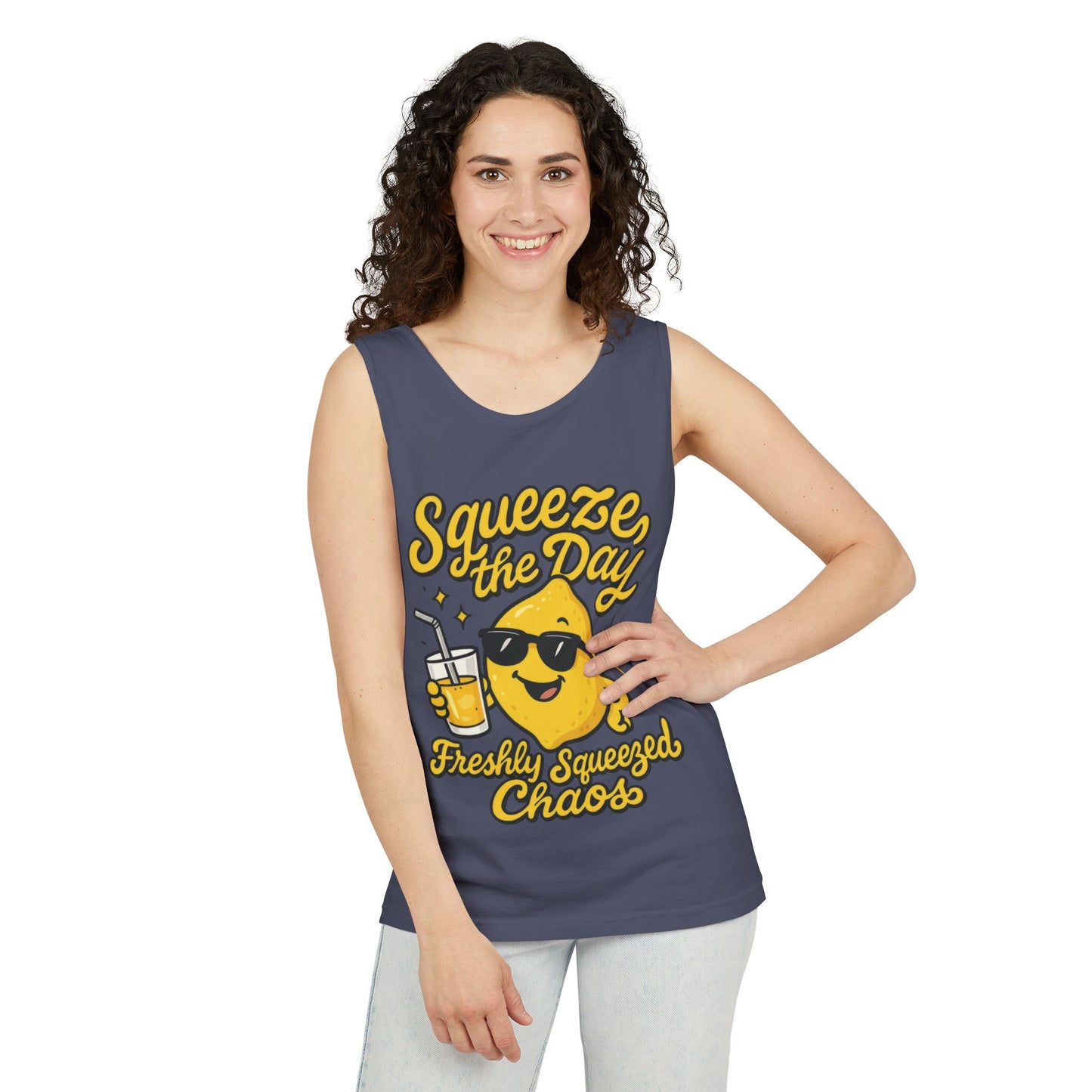 Squeeze The Day Womens Tank Top - Funny Lemon Pun Shirt - Freshly Squeezed Chaos Summer Citrus Top, Casual Beachwear, Fun Summer Apparel
