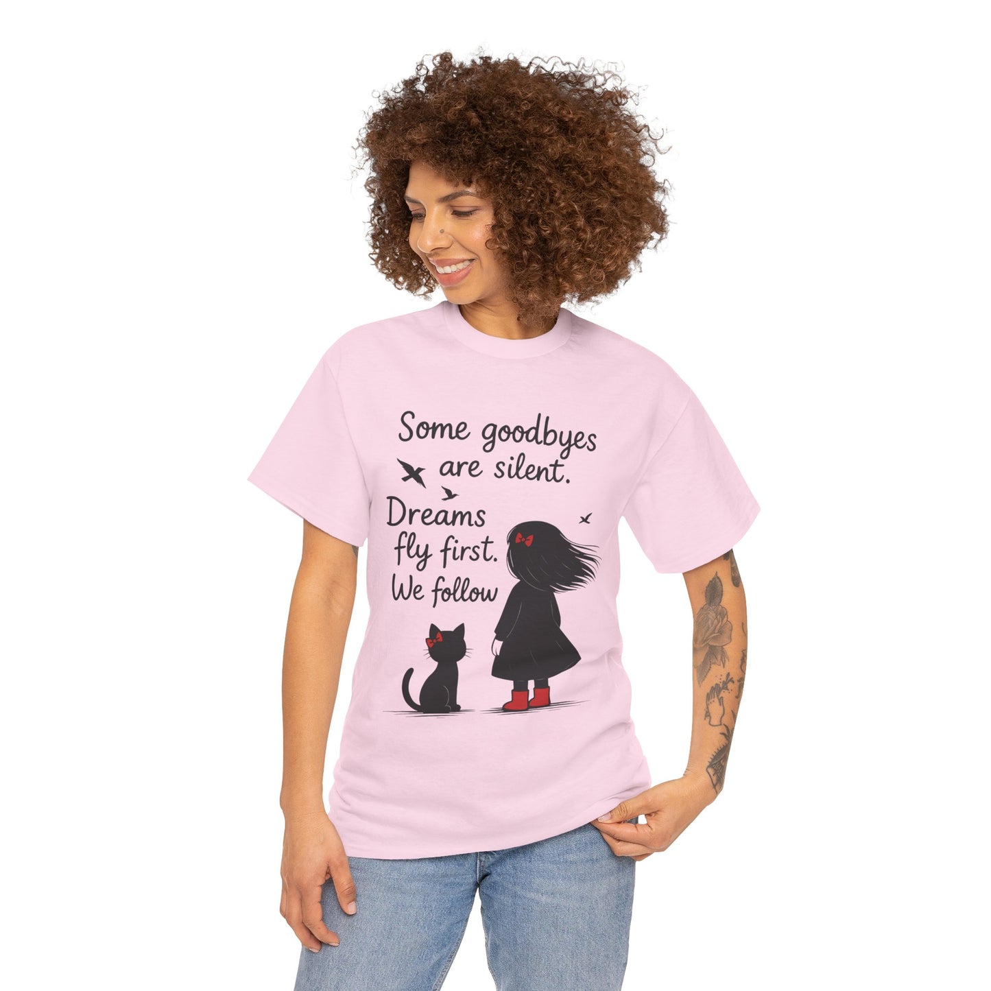 Emotional Hand Drawn Womens T-Shirt, Minimalist Red Dress Girl and Cat Graphic Tee, Cat Lover Gift