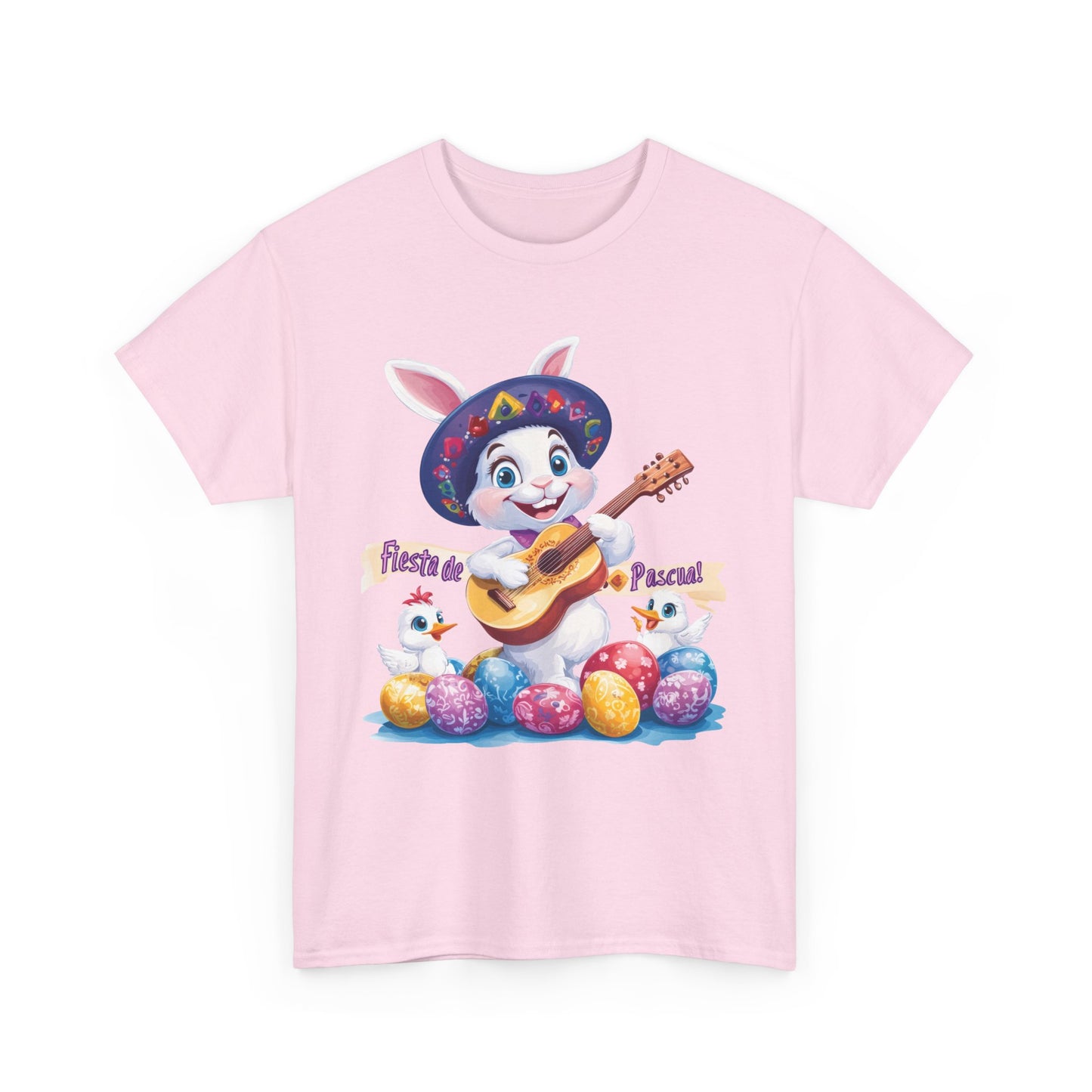 Fiesta de Pascua Bunny Shirt, Funny Easter Rabbit Playing Guitar Tee, Colorful Unisex Heavy Cotton T-Shirt, Cute Holiday Celebration Gift