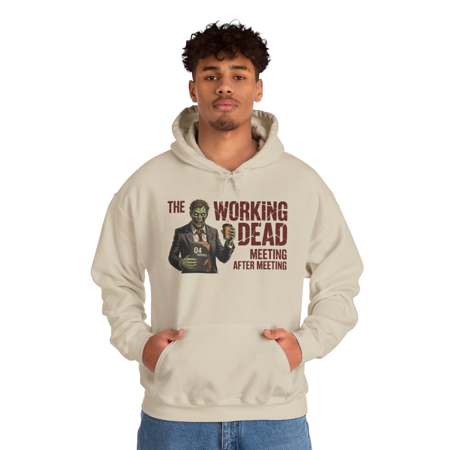 The Working Dead Men's Zombie Hoodie, Funny Office Meeting Sweatshirt, Men's Heavy Blend™ Hooded Sweatshirt, Halloween Work Humor Zombie top