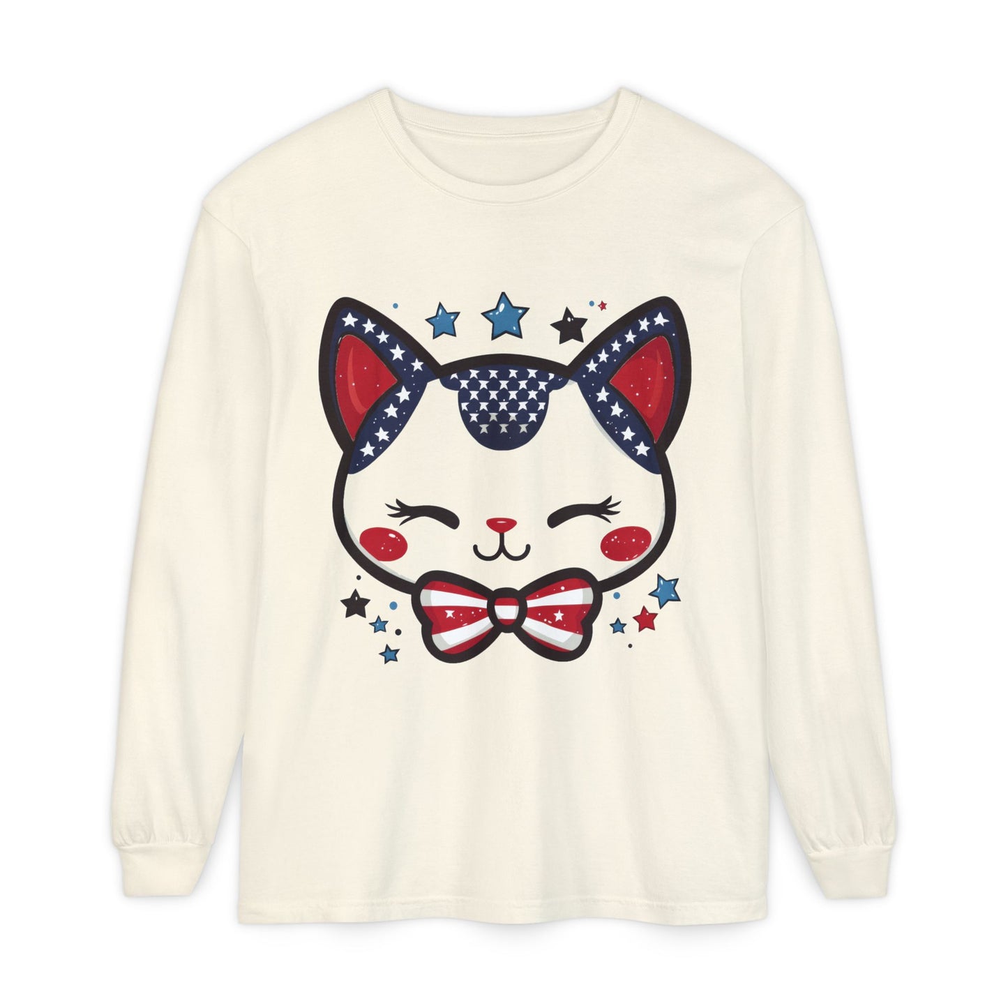 Cute Patriotic Cat Long Sleeve Women's T-Shirt, Fourth of July, Cat Lovers Gift, Casual Wear, Perfect for Holidays and Celebrations