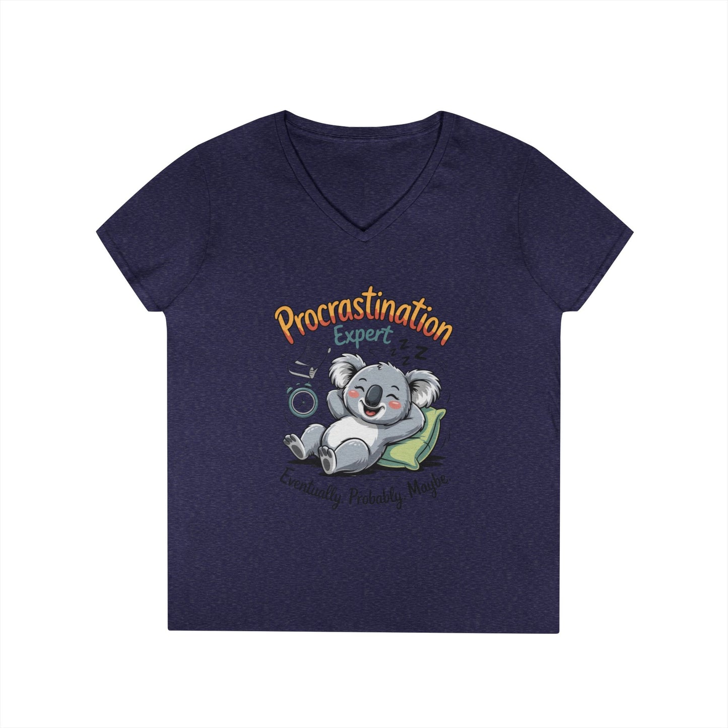Procrastination Expert Ladies' V-Neck T-Shirt, Fun Tee for Lazy Days, Gift for Students, Casual Wear, Motivational Shirt, Cute Koala Design