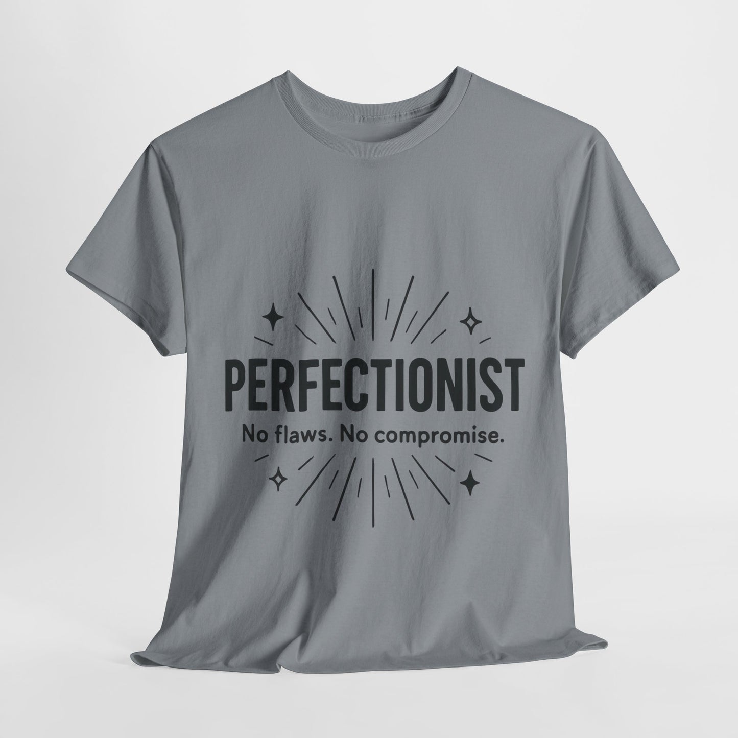 Mens Perfectionist T-Shirt, No Flaws No Compromise, Minimal Bold Graphic Tee, Gift for OCD, Clean Freak, or Detail-Oriented Men