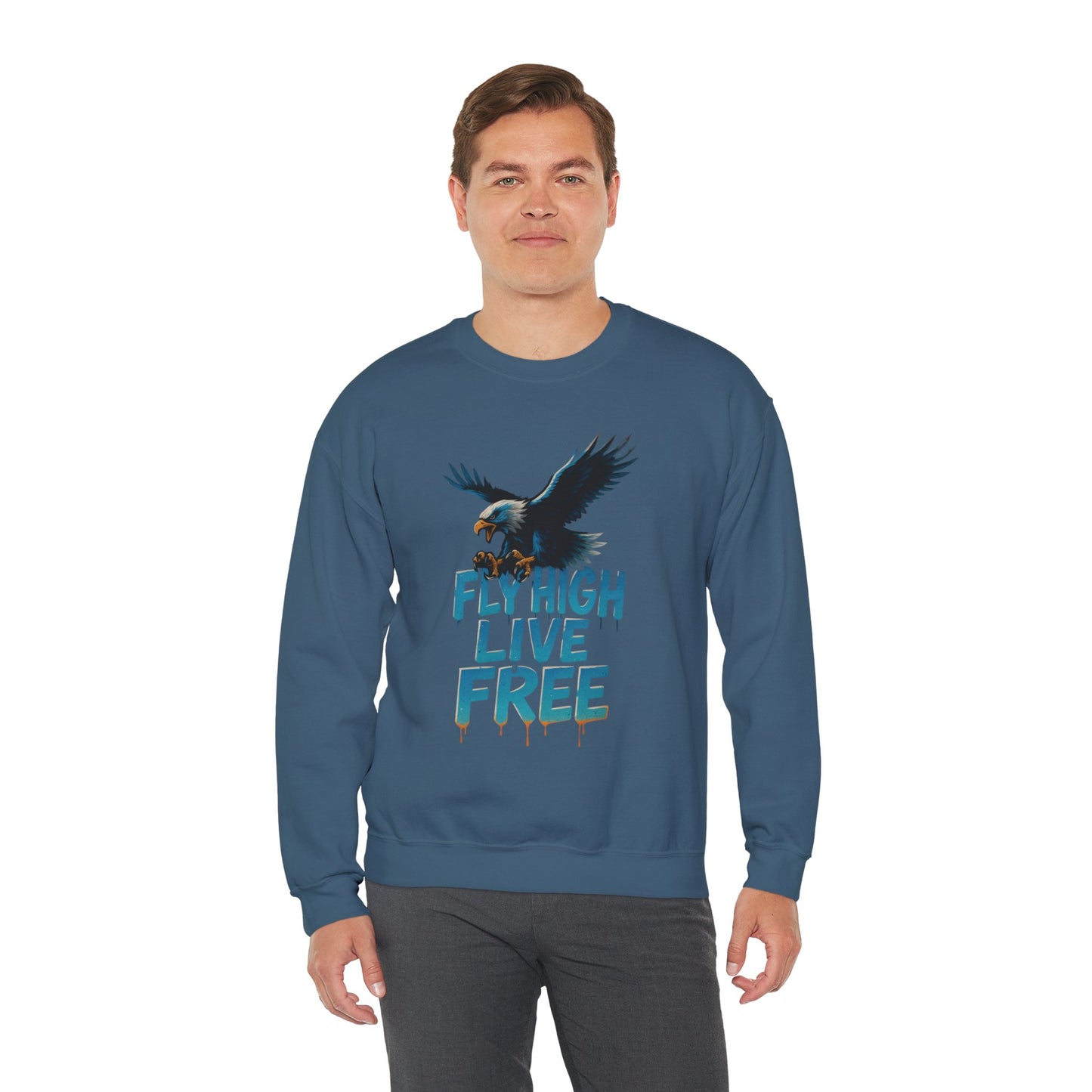 Mens Heavy Blend™ Crewneck Sweatshirt, Fly High Live Free Mens Eagle Graphic Sweatshirt