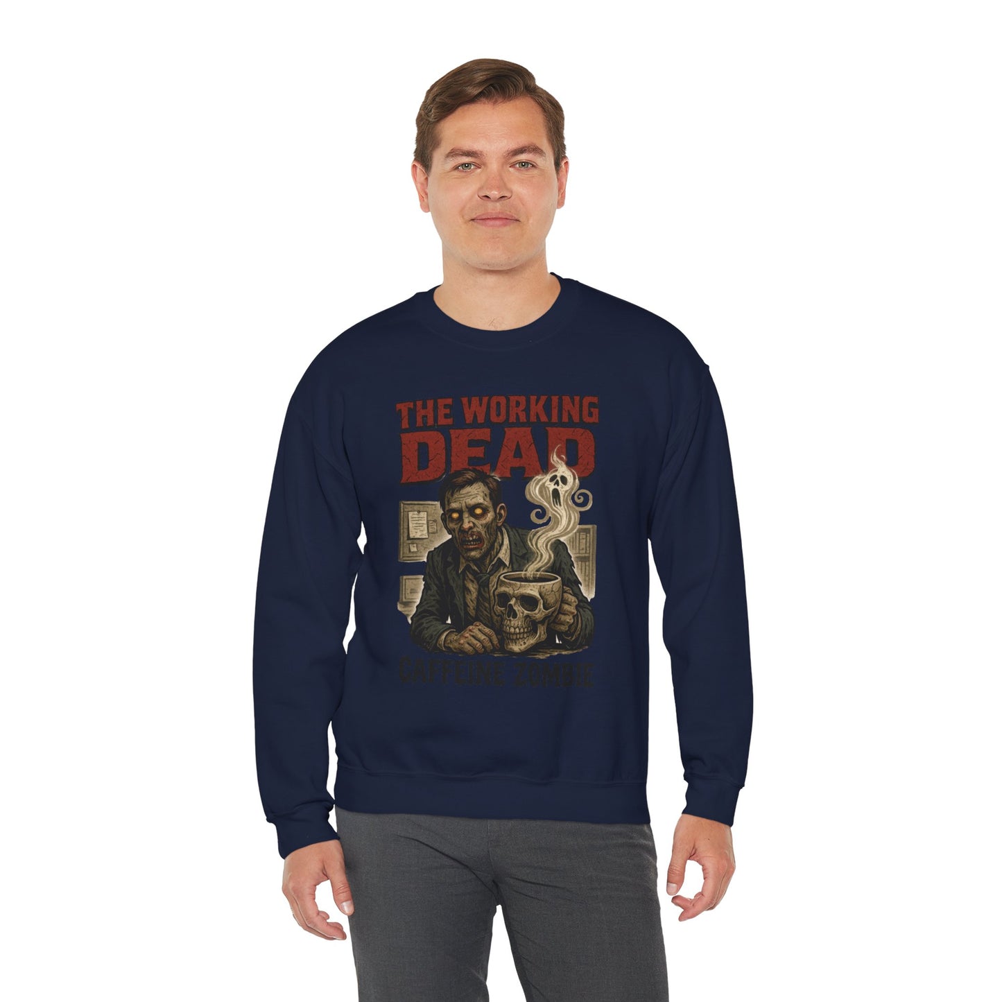 The Working Dead Men's Funny Zombie Sweatshirt, Office Humor Crewneck, Halloween Zombie Top, Coffee Zombie Sweatshirt